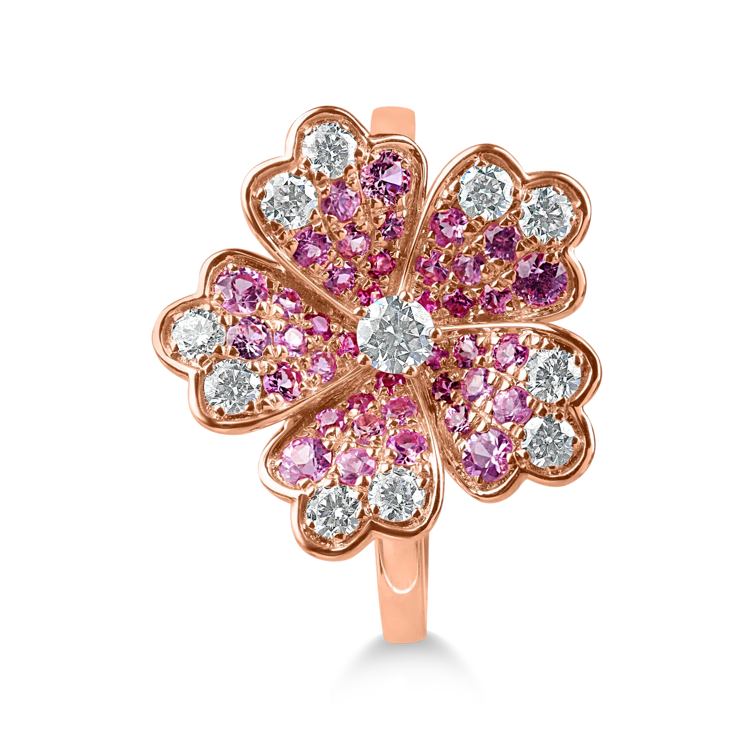 Rose gold flower ring with 0.4ct diamonds and 0.6ct pink sapphires