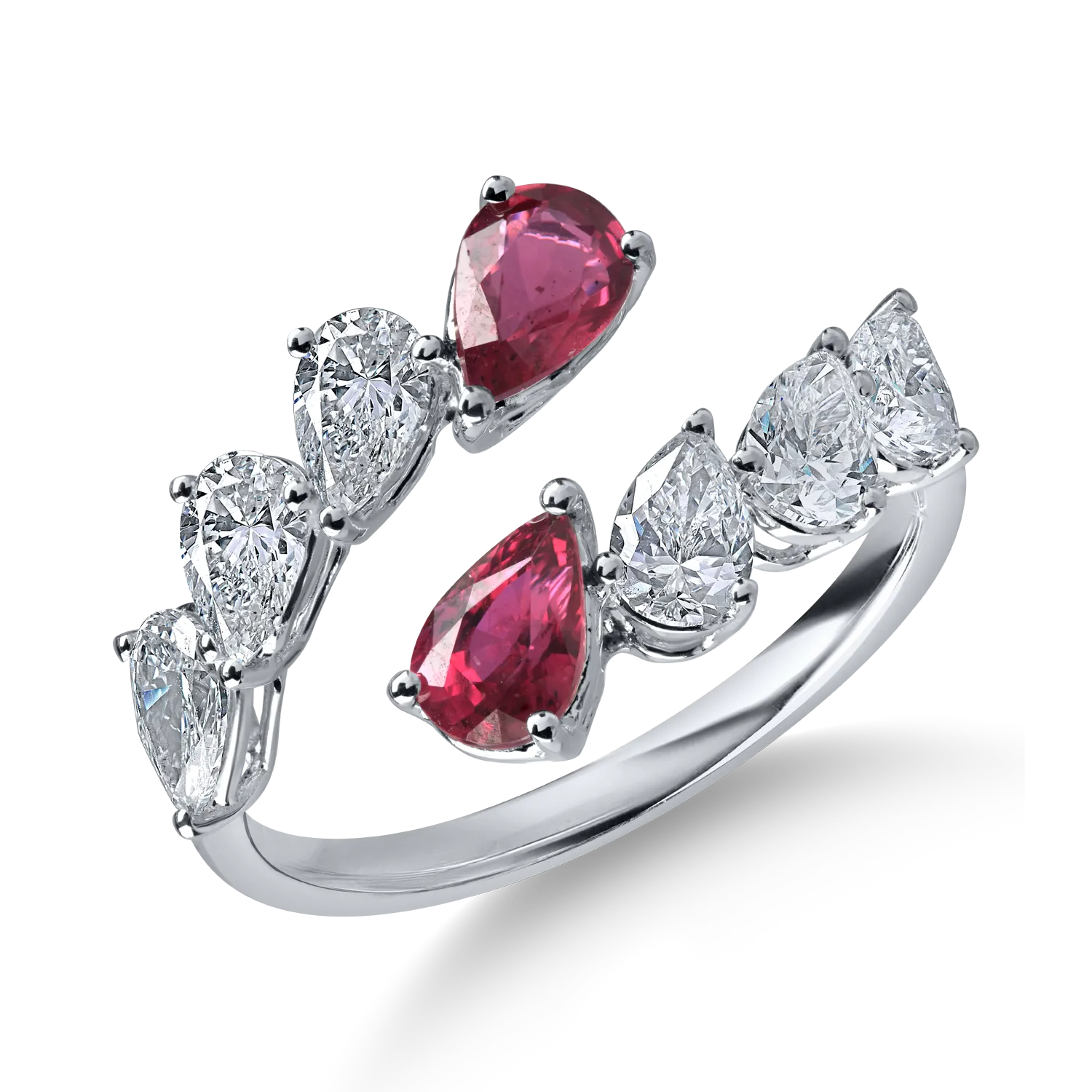 Inel deschis din aur alb cu rubine pear de 0.95ct si diamante pear de 1.25ct