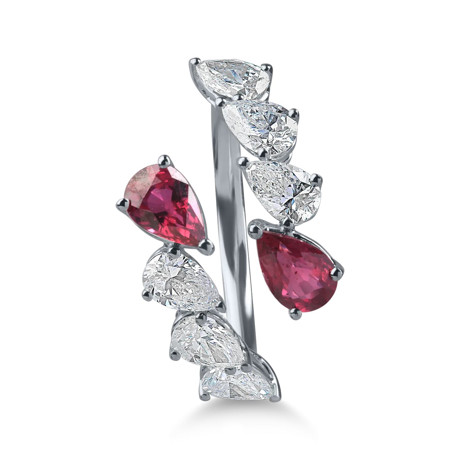 Fehér arany nyitott gyűrű 0.95 ct rubinnal és 1.25 ct gyémánttal