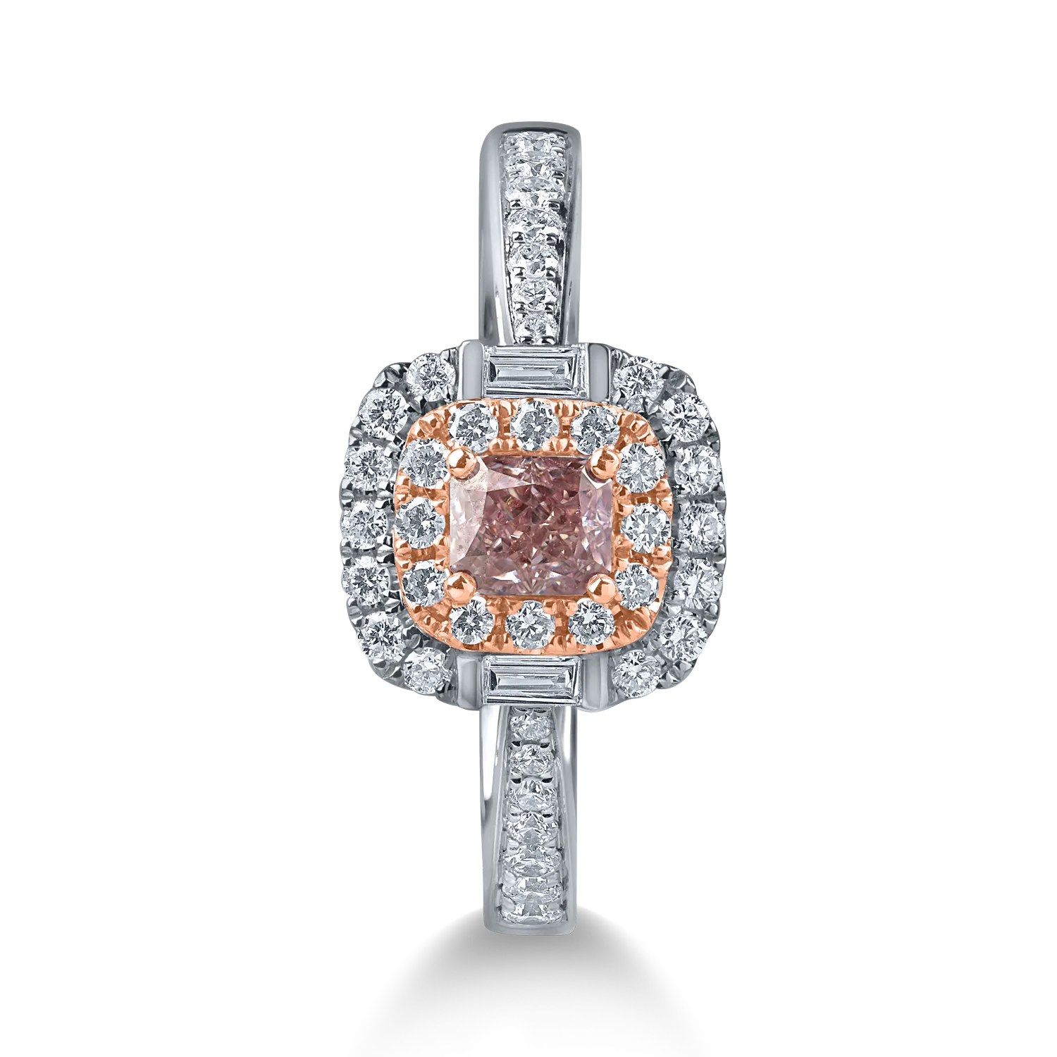 Inel geometric din aur alb-roz cu diamante roz si incolore de 0.68ct