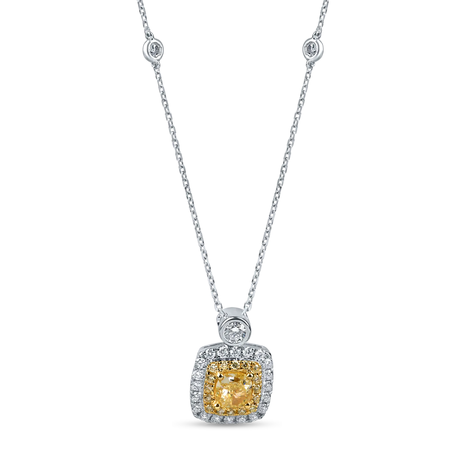 Lant cu pandantiv patrat din aur alb-galben cu diamante galbene galbene cushion si rotunde si diamante incolore de 1.3ct