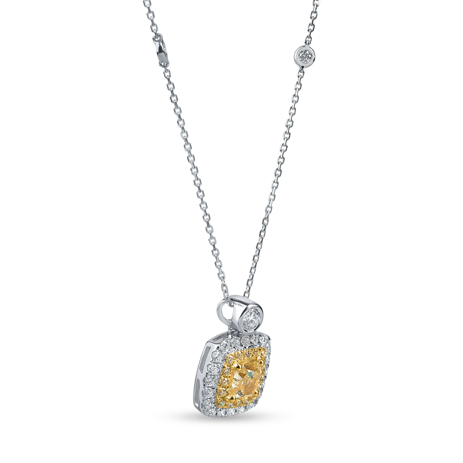 Lant cu pandantiv patrat din aur alb-galben cu diamante galbene si incolore de 1.3ct