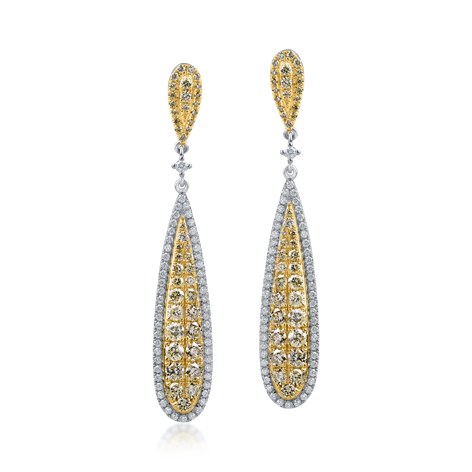 Cercei lungi din aur alb-galben cu diamante galbene si incolore de 1.8ct - 1 | YEO