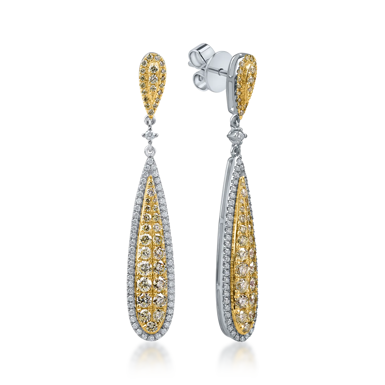 Cercei lungi din aur alb-galben cu diamante galbene si incolore de 1.8ct