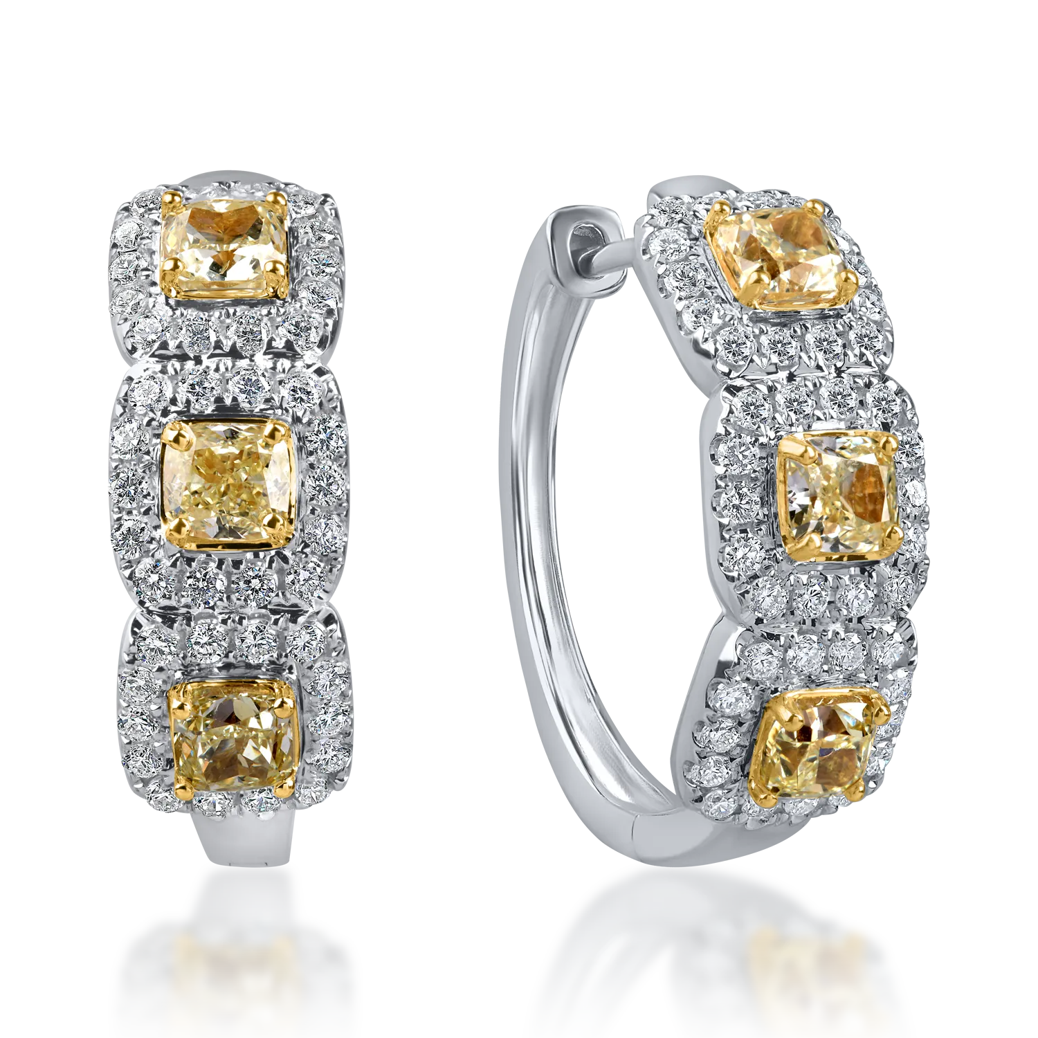 Cercei geometrici din aur alb-galben cu diamante galbene si incolore de 2.2ct
