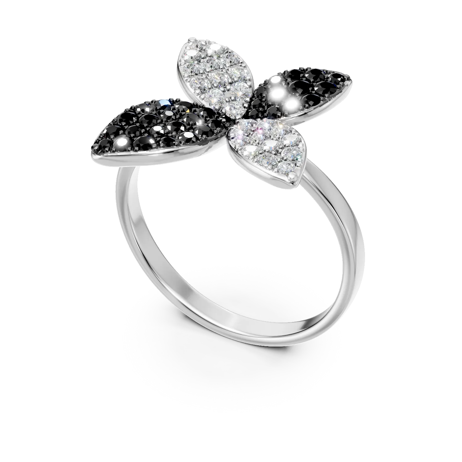 White gold floral ring with 0.72ct black and clear diamonds