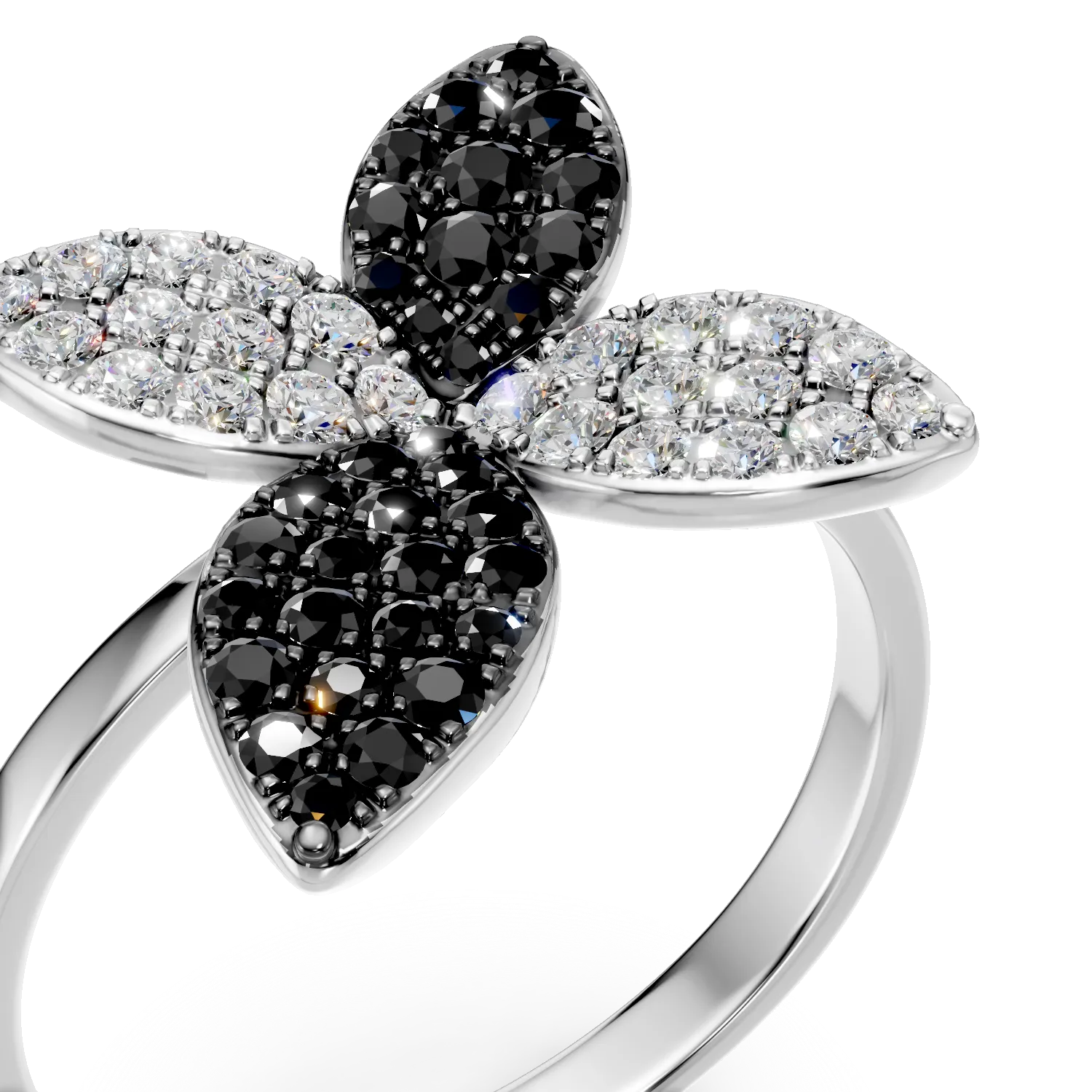 White gold floral ring with 0.72ct black and clear diamonds