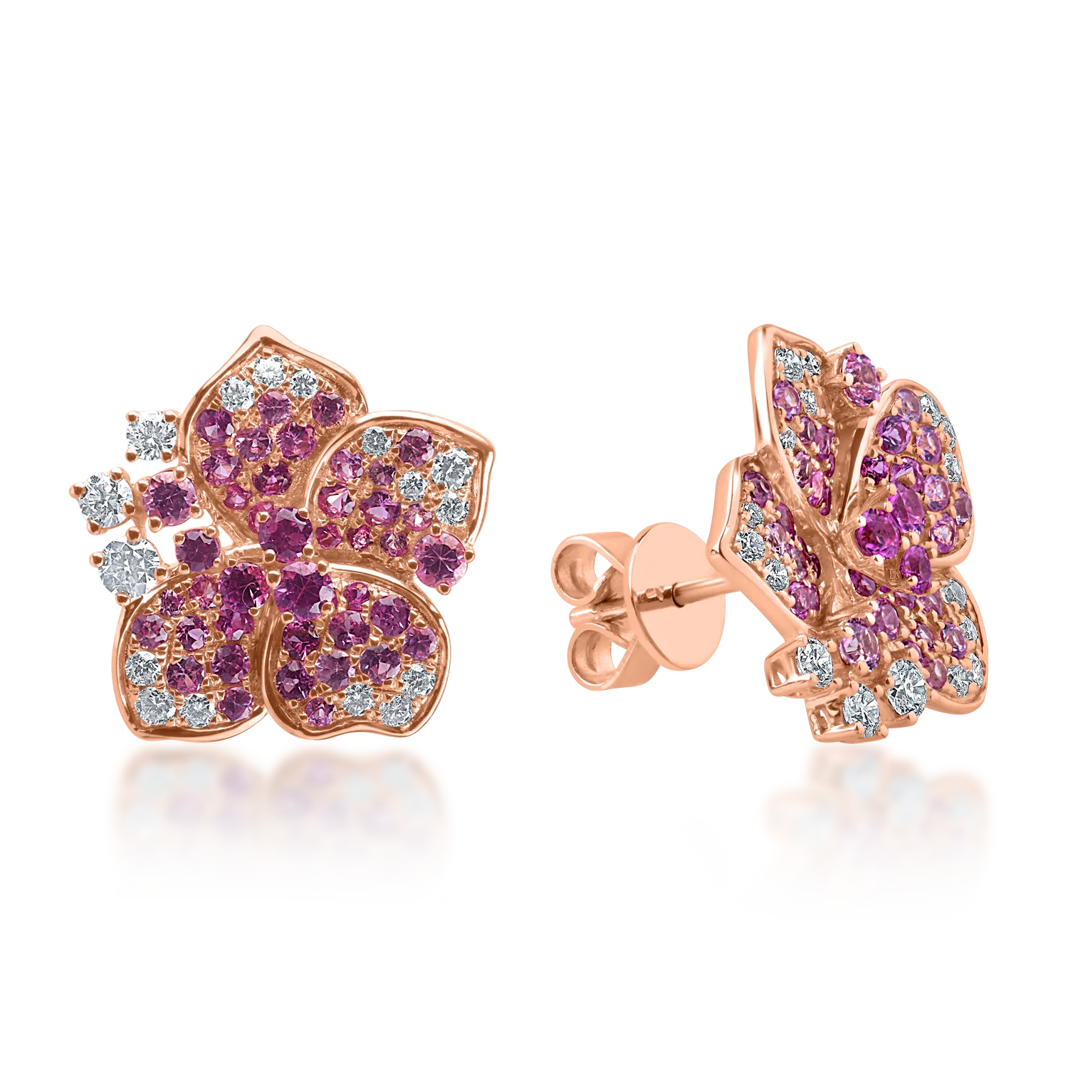 Rose gold flower earrings with 1.4ct pink sapphires and 0.4ct diamonds