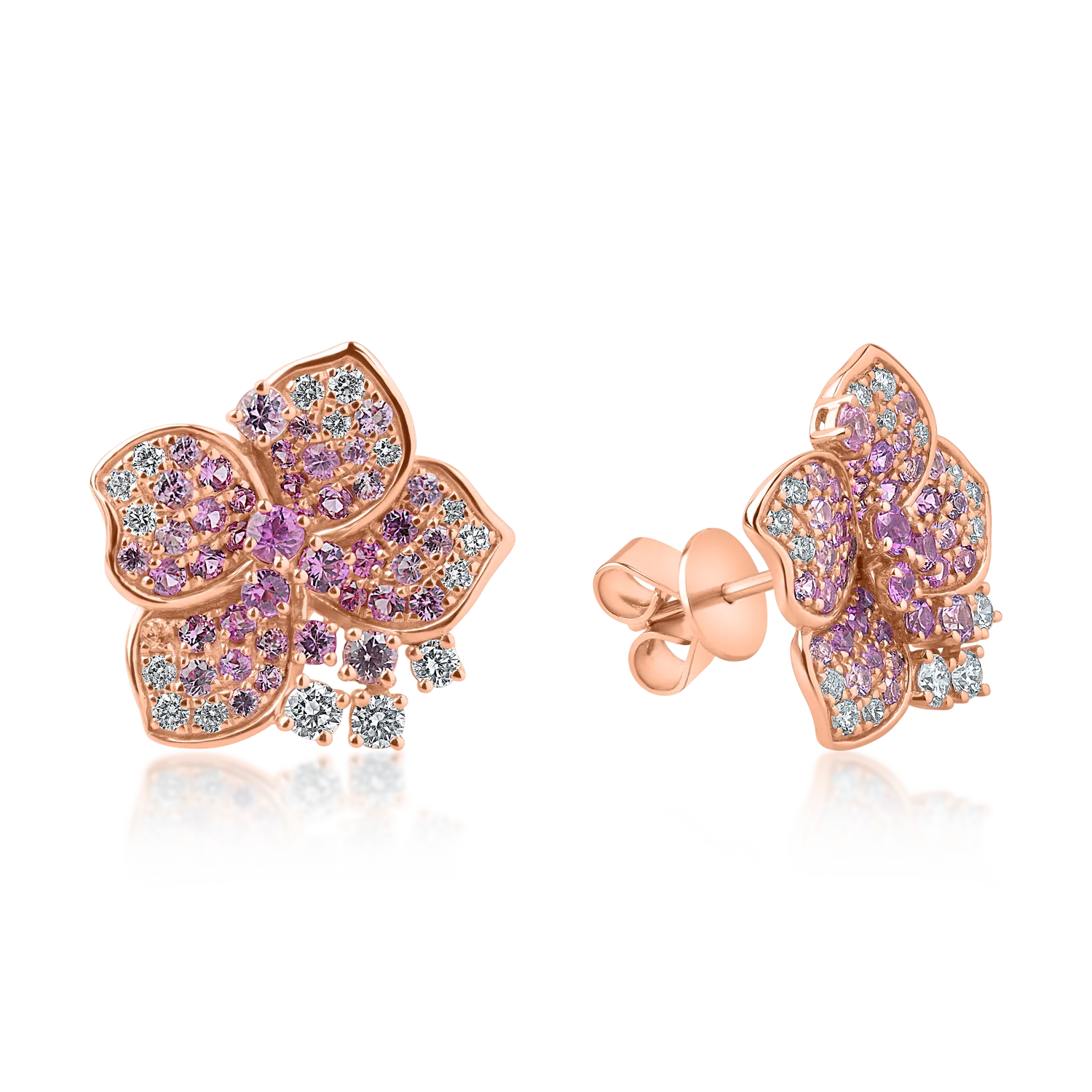 Cercei floare din aur roz cu safire roz de 1.44ct si diamante de 0.44ct