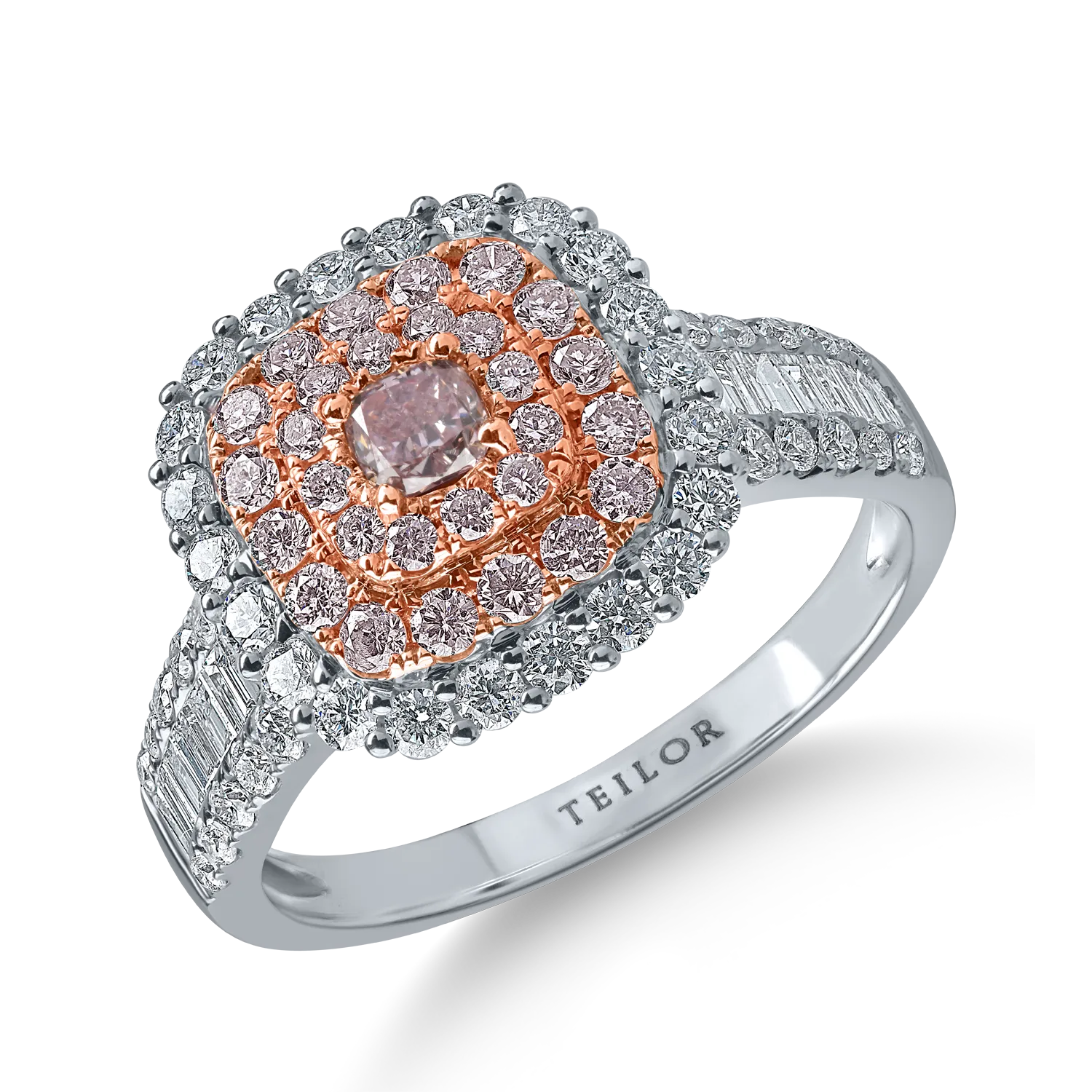 Inel din aur alb-roz cu diamante roz cushion si rotunde si diamante incolore baguette si rotunde de 1.5ct
