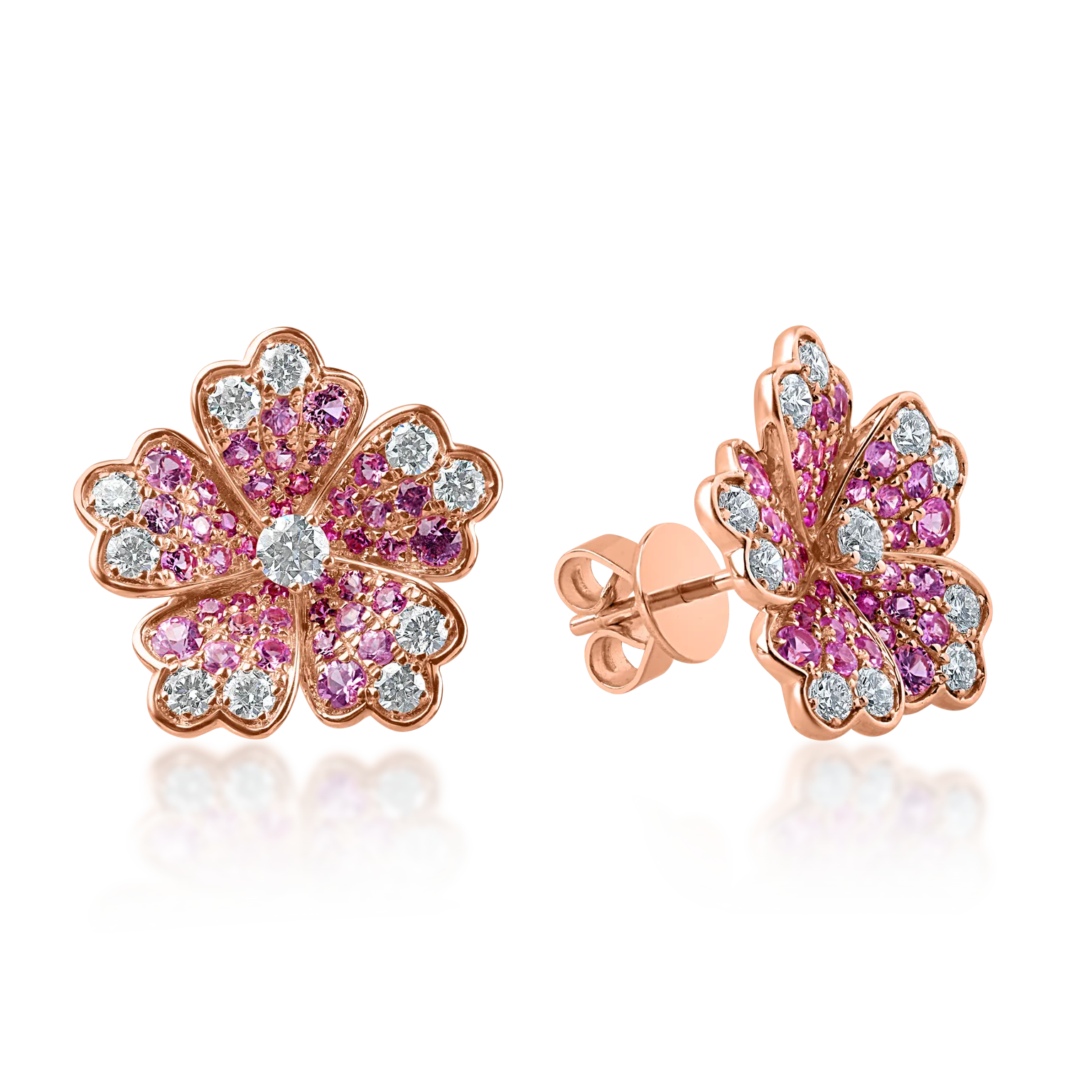 Rose gold flower earrings with 0.6ct diamonds and 1.1ct pink sapphires