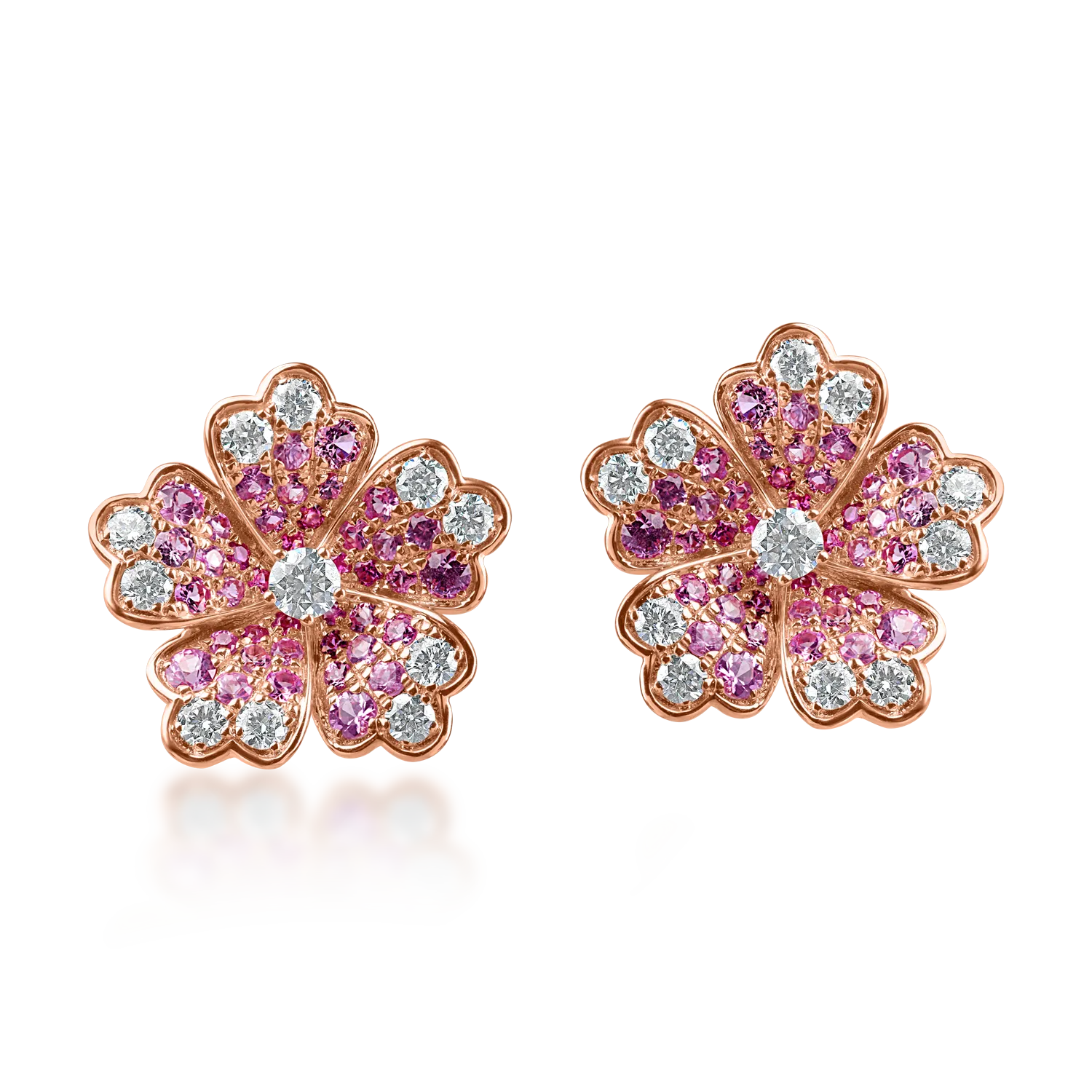 Rose gold flower earrings with 0.6ct diamonds and 1.1ct pink sapphires