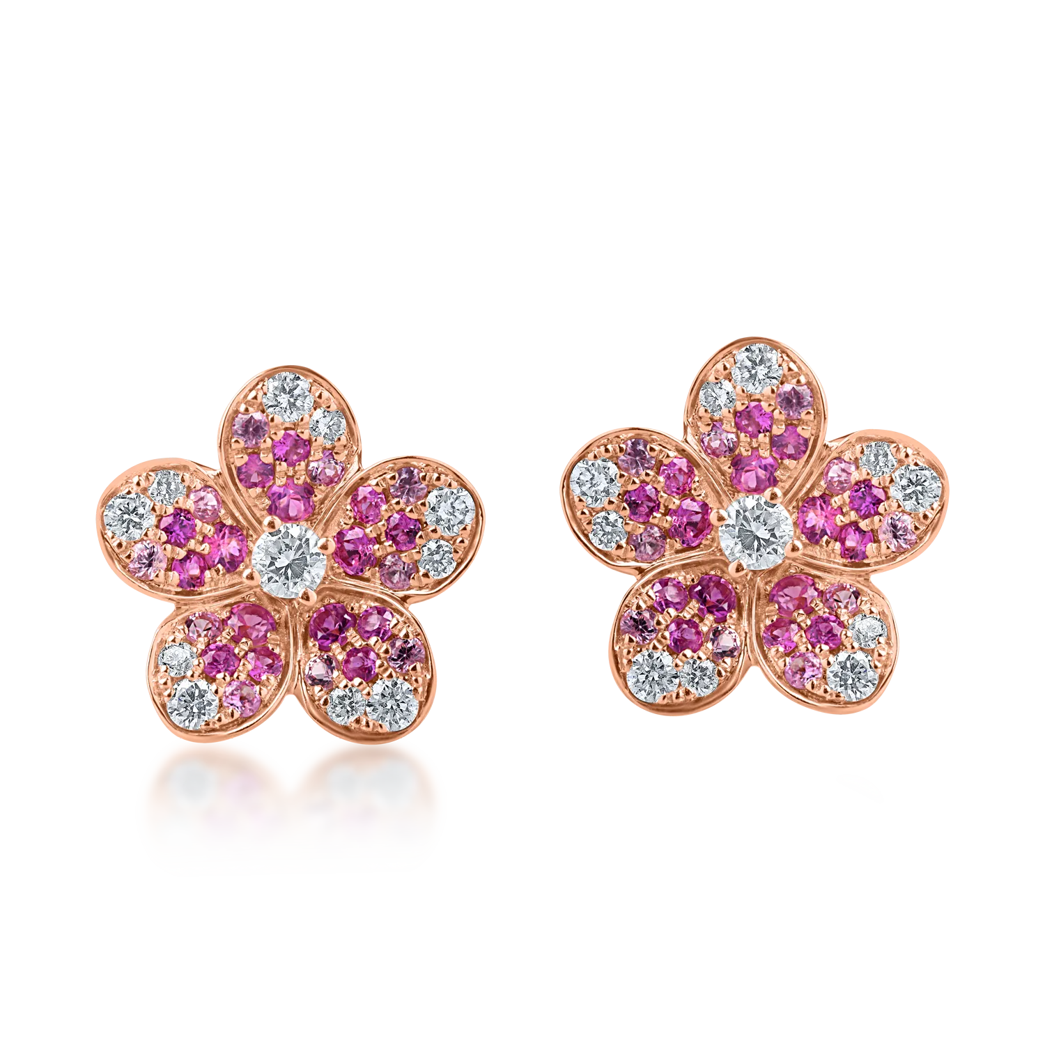 Rose gold flower earrings with 0.3ct diamonds and 0.6ct pink sapphires-189303