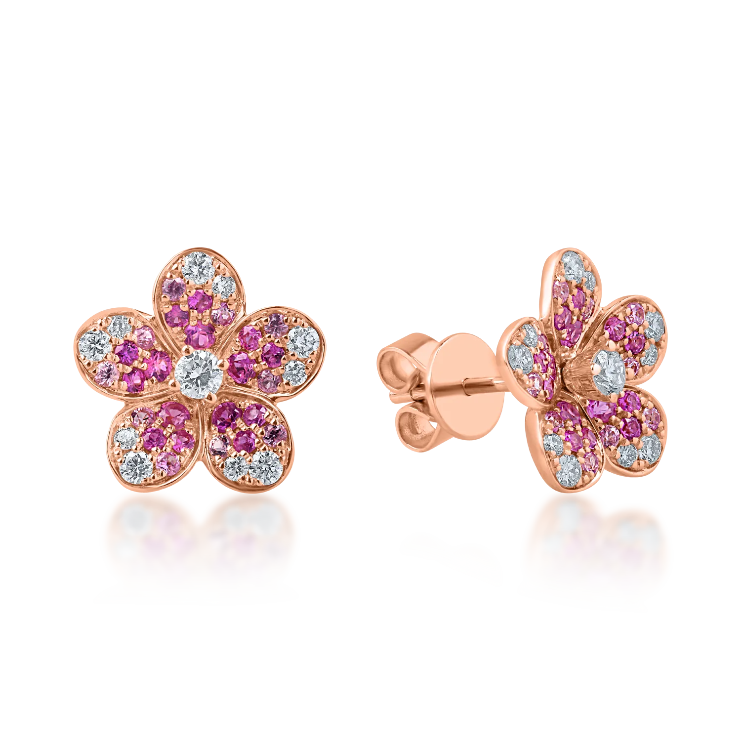 Rose gold flower earrings with 0.3ct diamonds and 0.6ct pink sapphires
