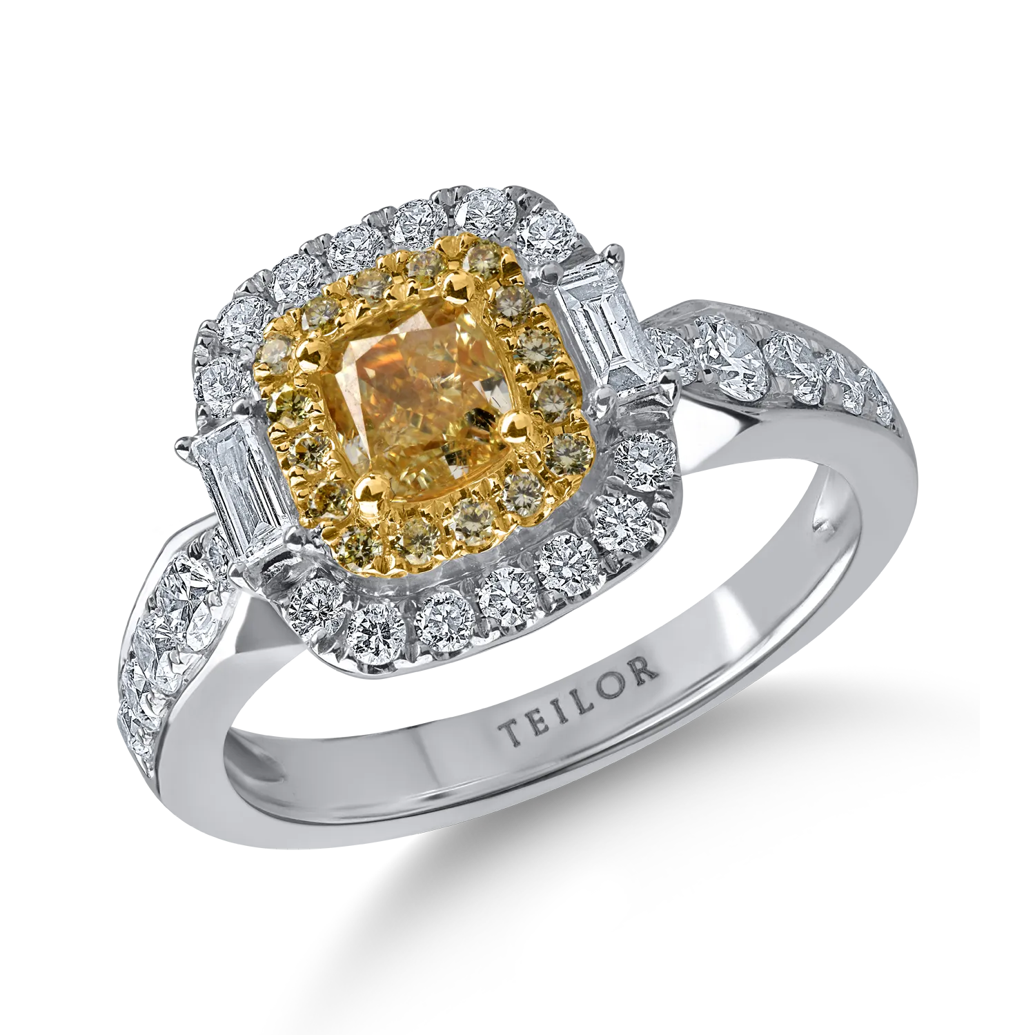 Inel din aur alb-galben cu diamante galbene si incolore de 1.5ct