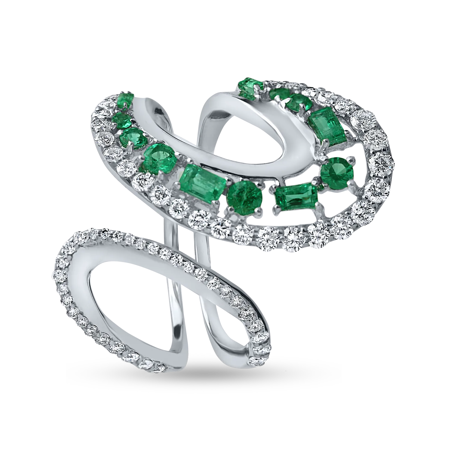 Pierścionek z białego złota z 0.5ct szmaragdami i 0.6ct mikrooprawionymi diamentami