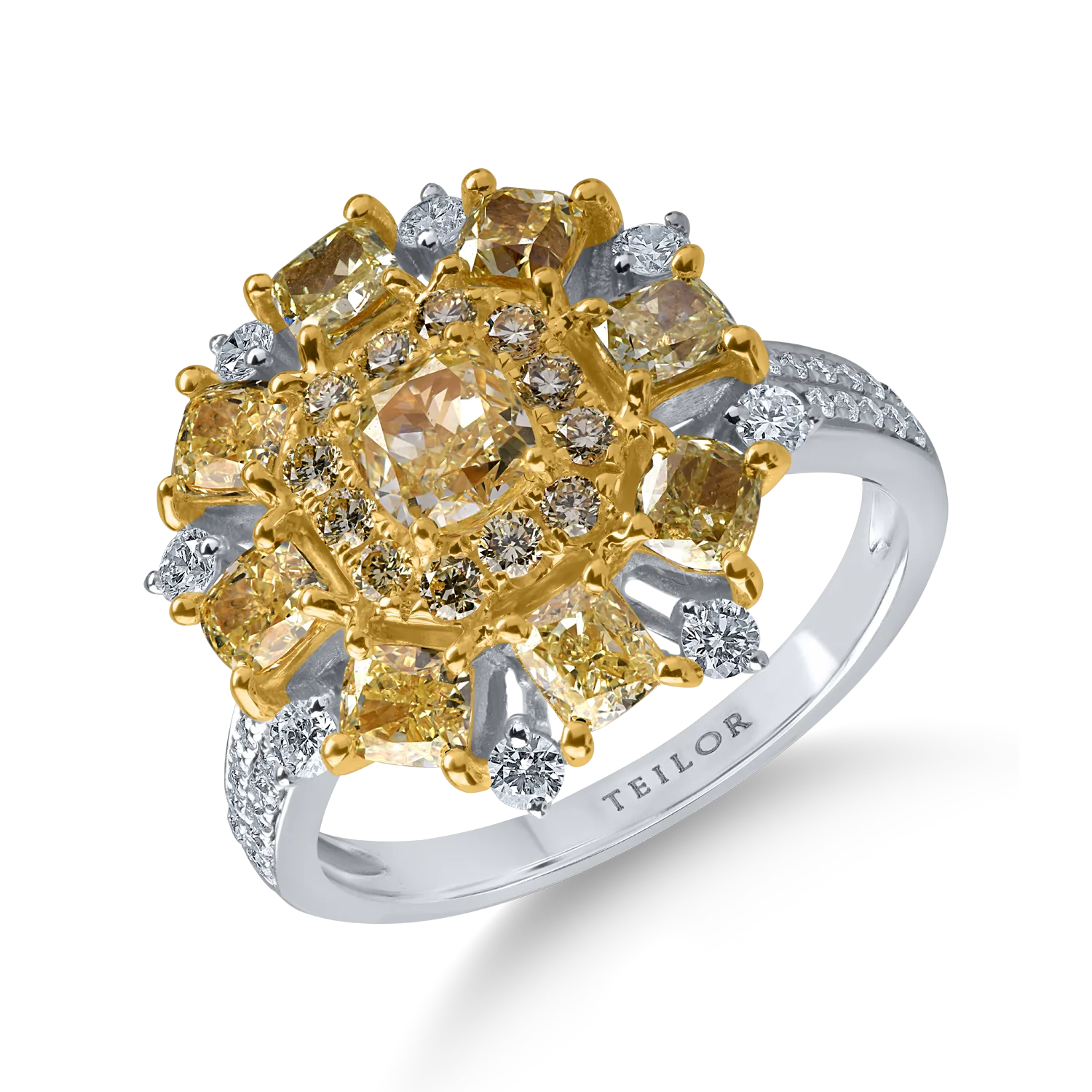 Teilor Inel din aur alb-galben cu diamante galbene rectangulare si rotunde si incolore de 2.8ct