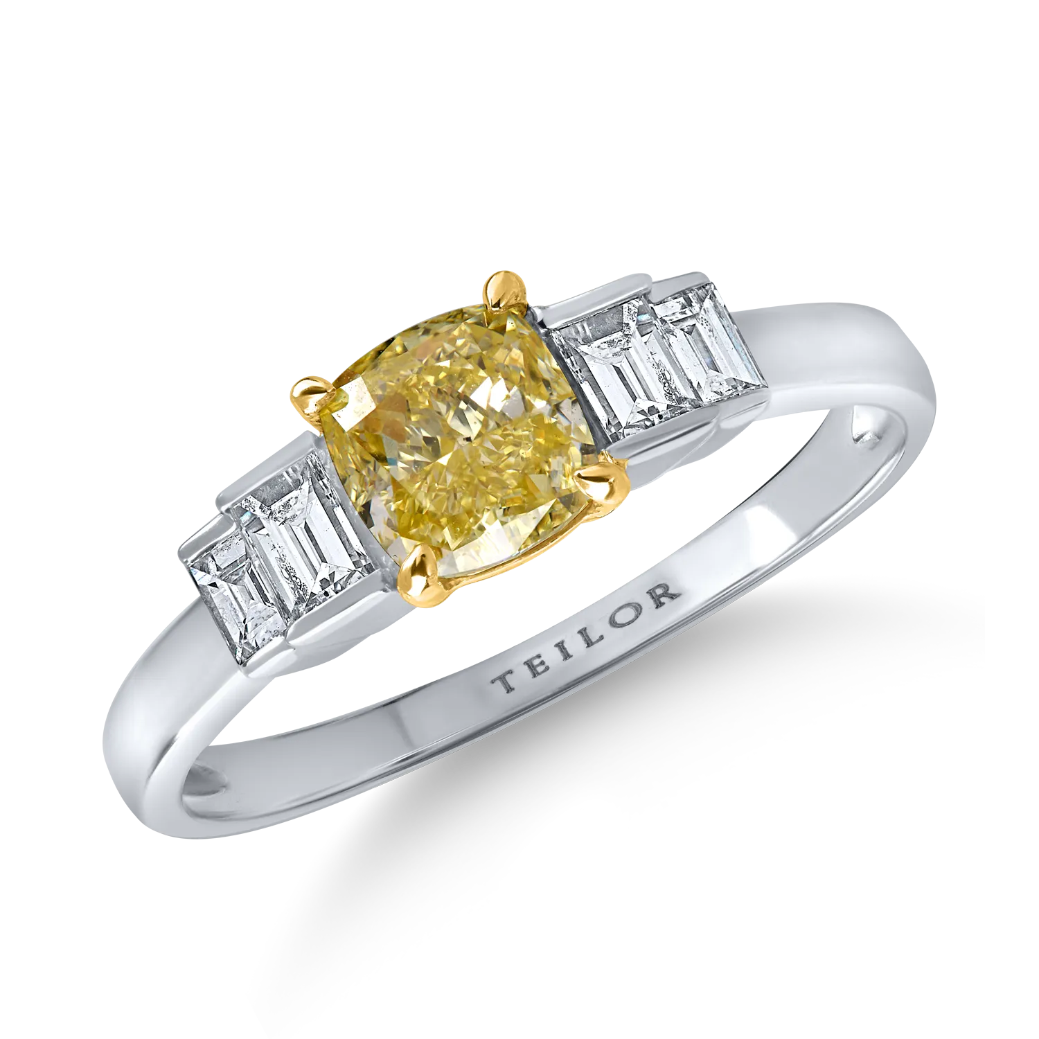 Inel din aur alb-galben cu un diamant galben de 1ct si diamante incolore de 0.3ct