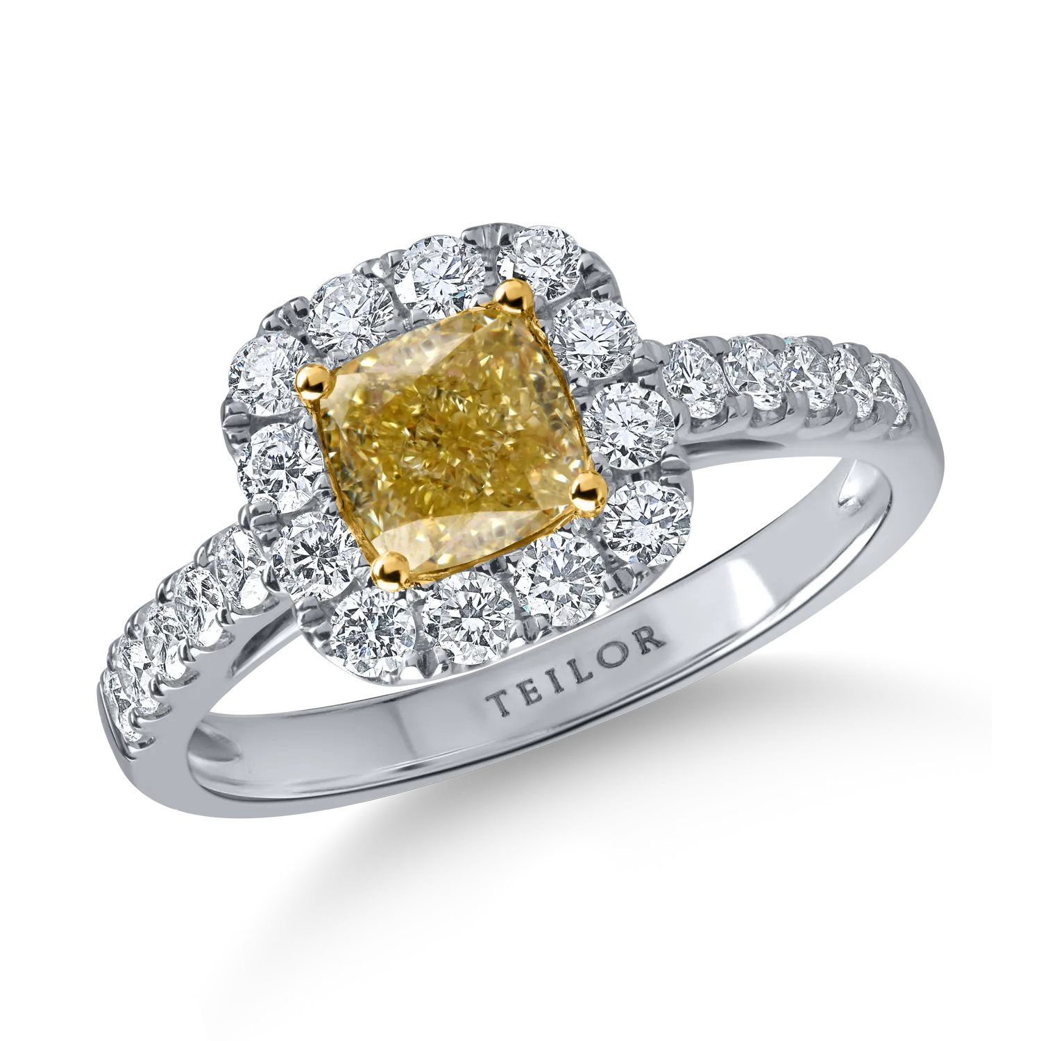 Inel clasic din aur alb-galben cu diamante galbene si incolore de 1.7ct