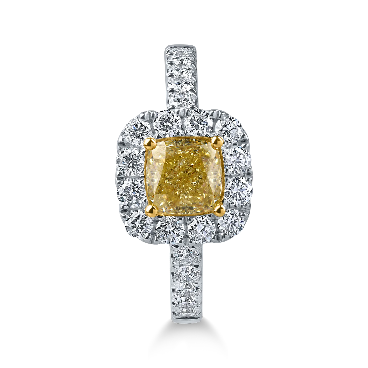 Inel clasic din aur alb-galben cu diamante galbene si incolore de 1.7ct