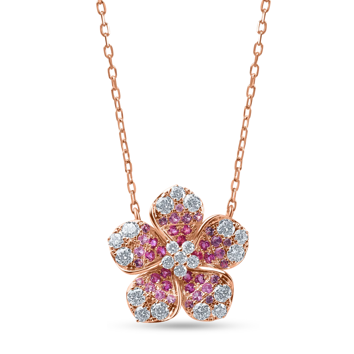 Lant cu pandantiv floare din aur roz cu diamante de 0.6ct si safire roz de 0.4ct