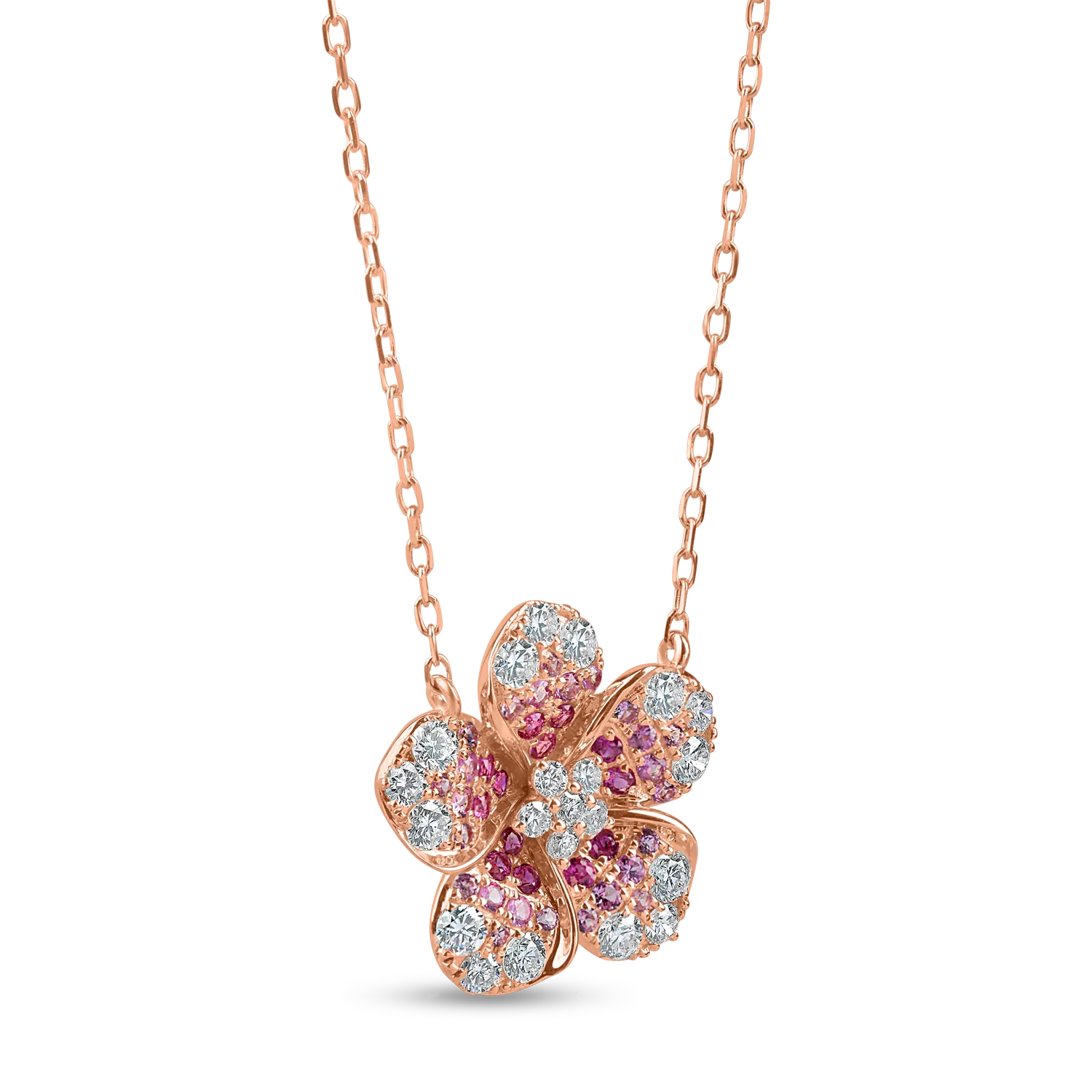 Lant cu pandantiv floare din aur roz cu diamante de 0.6ct si safire roz de 0.4ct