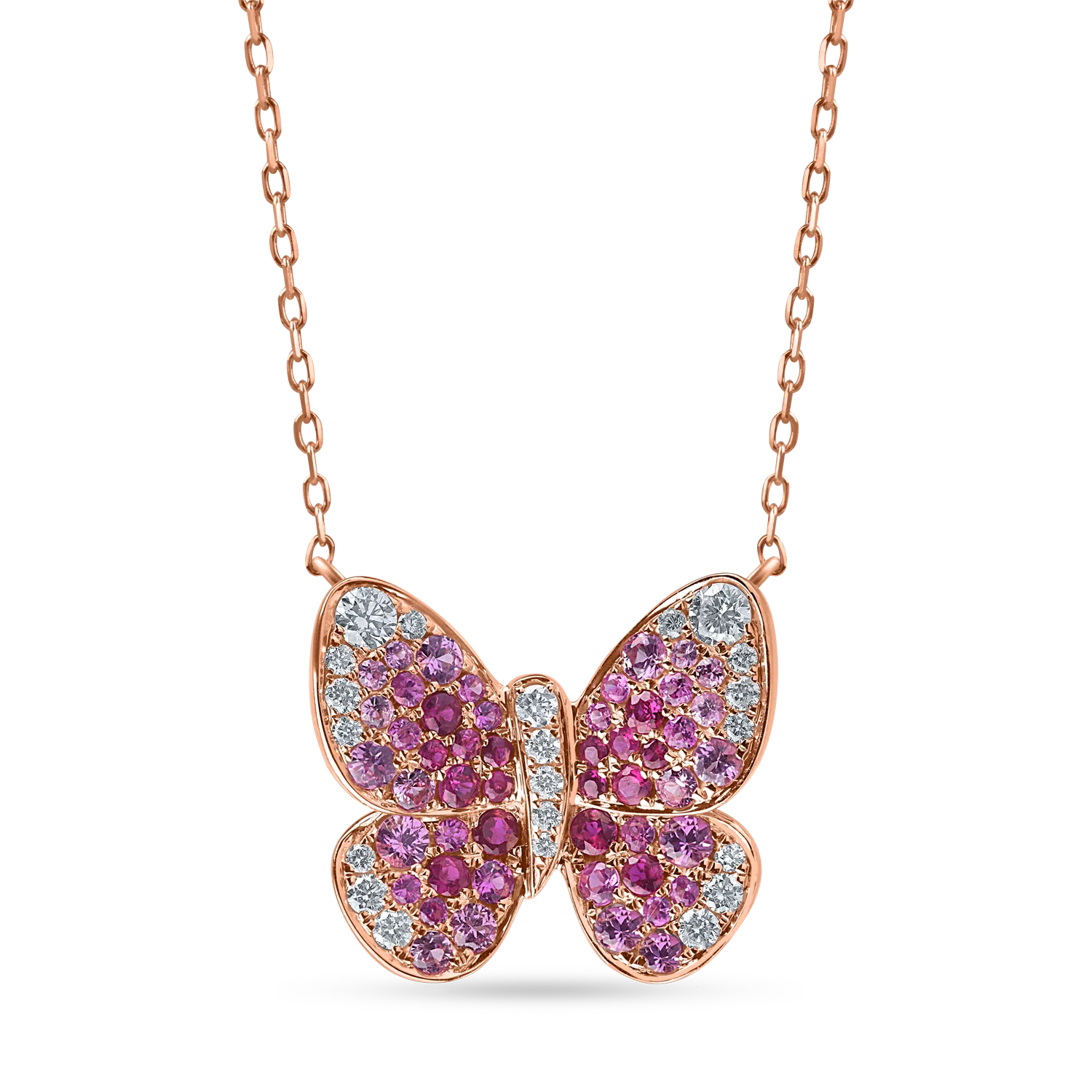 Lant cu pandantiv fluture din aur roz cu pietre pretioase de 1.4ct