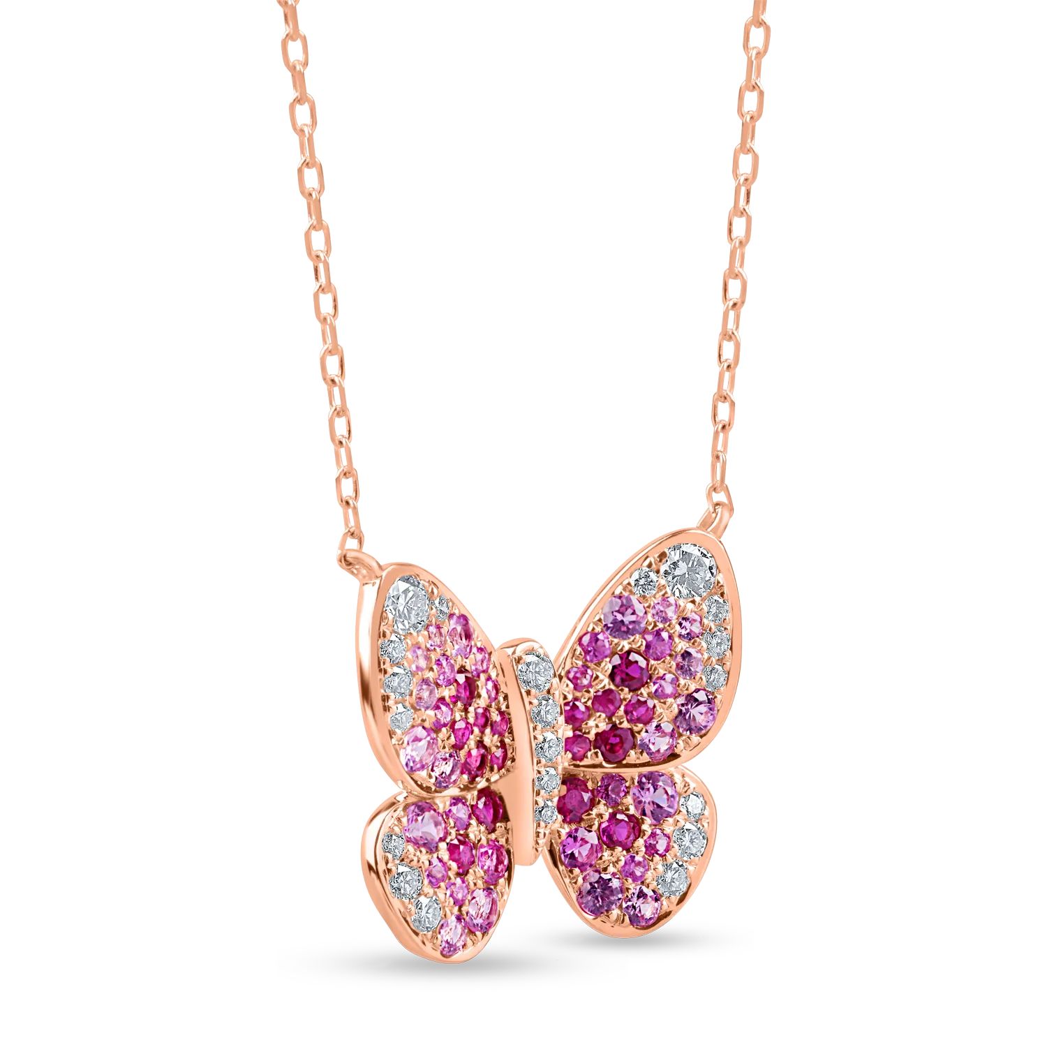 Lant cu pandantiv fluture din aur roz cu pietre pretioase de 1.4ct