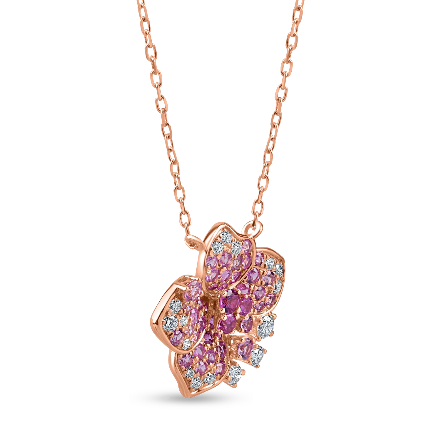 Naszyjnik z różowego złota z kwiatami z szafirami o masie 0.9ct i diamentami o masie 0.3ct