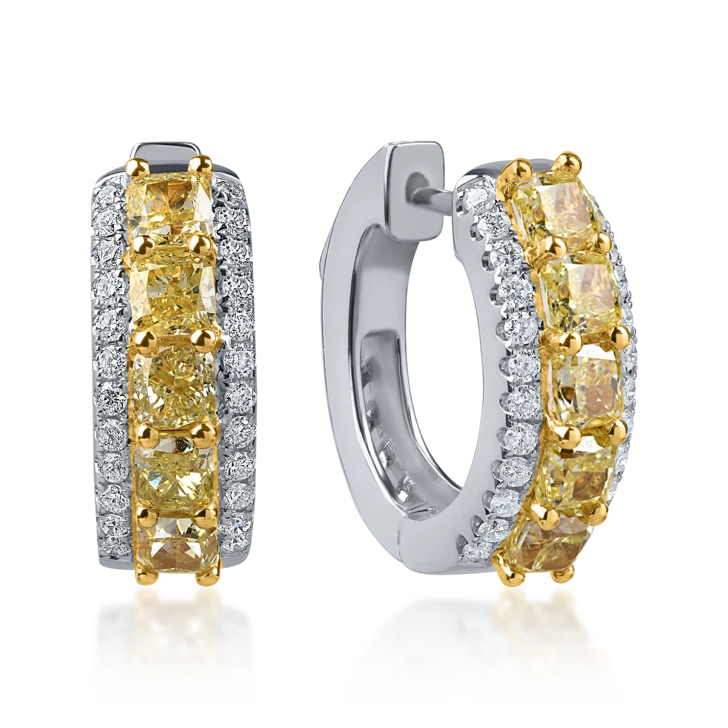 Cercei din aur alb-galben cu diamante galbene cushion si incolore de 2.2ct