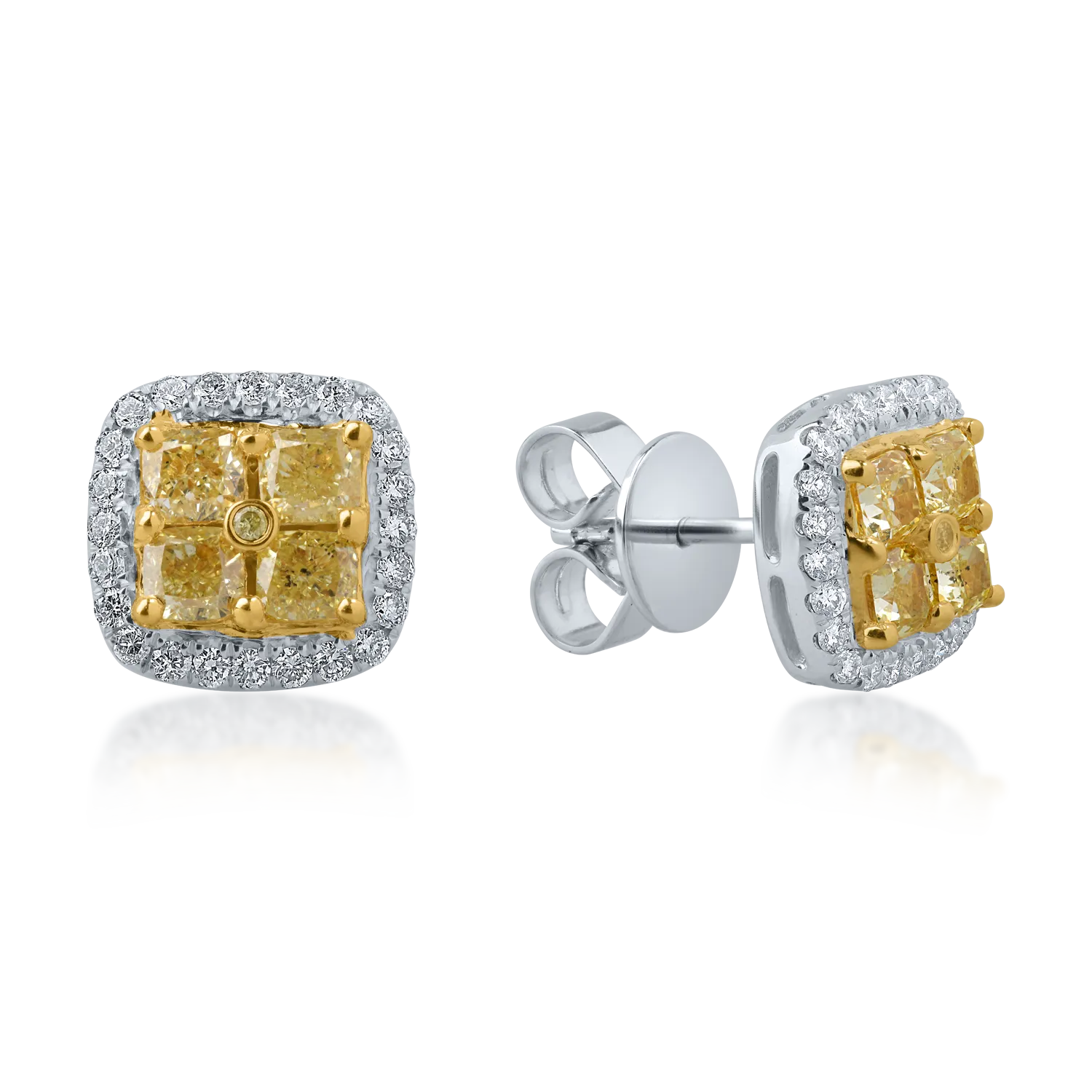 Cercei din aur alb-galben cu diamante galbene cushion si round si diamante incolore de 2.4ct