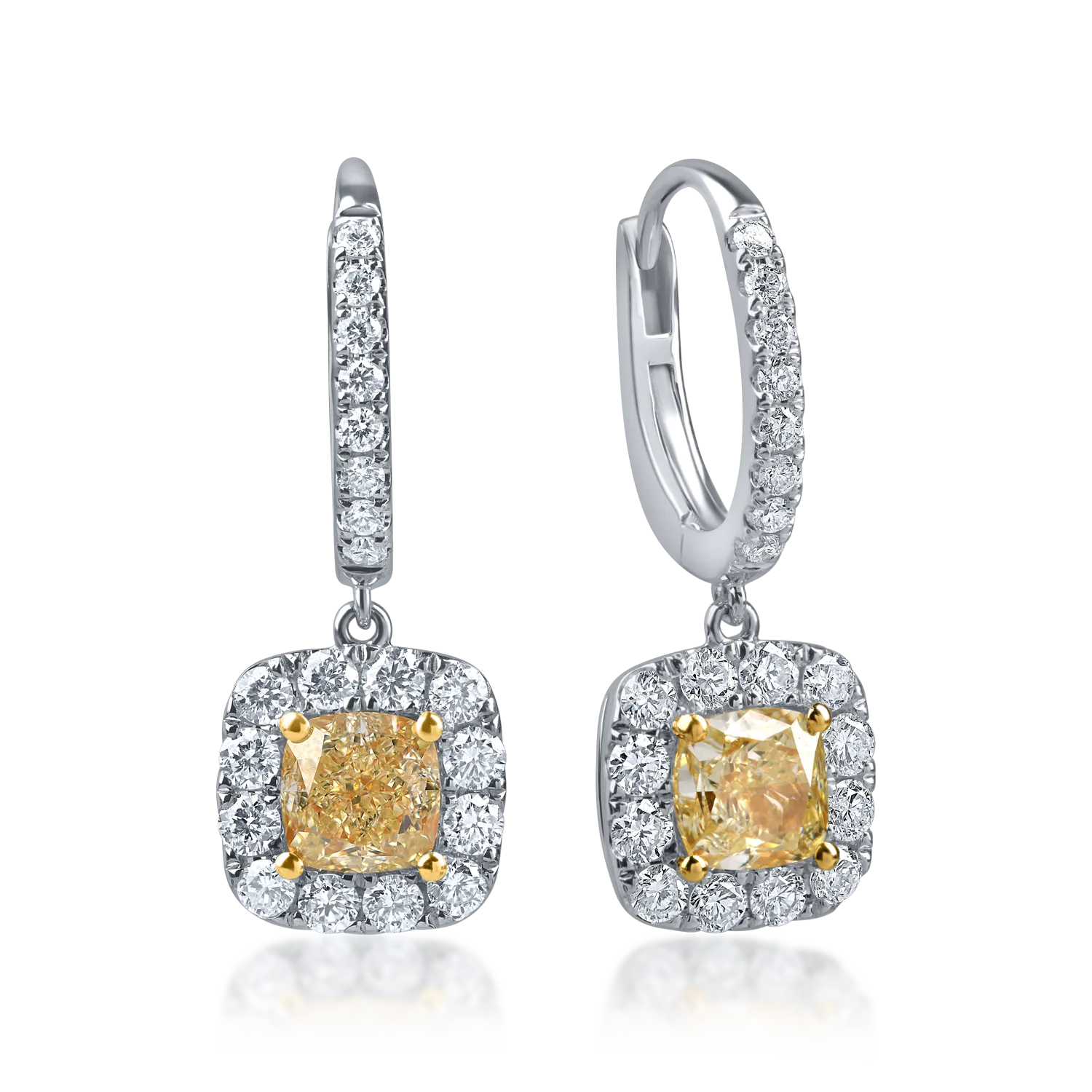 Cercei geometrici din aur alb-galben cu diamante galbene si incolore de 2.1ct
