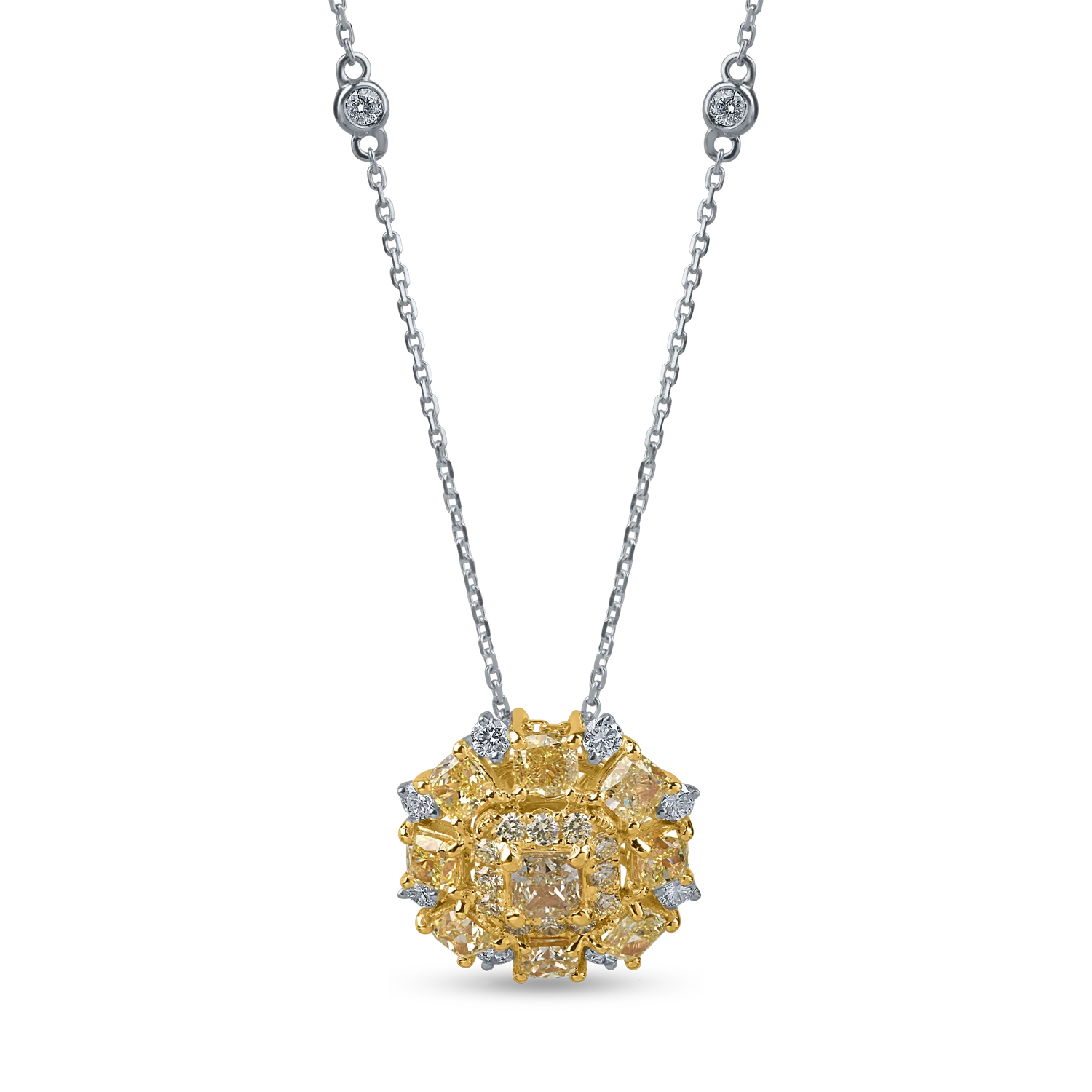 Teilor Lant cu pandantiv din aur alb-galben cu diamante galbene cushion si rotunde si diamante incolore de 3ct