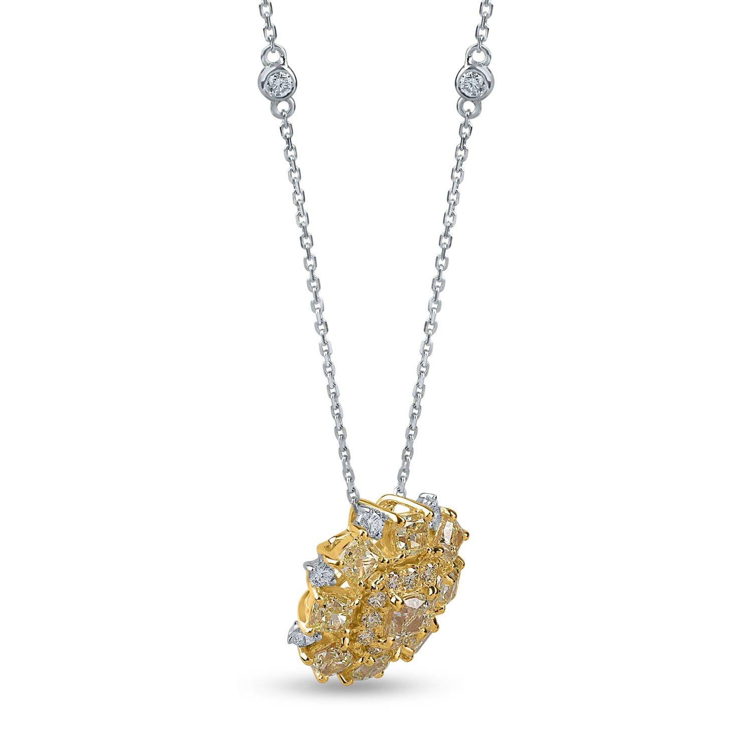 Lant cu pandantiv din aur alb-galben cu diamante galbene si incolore de 3ct