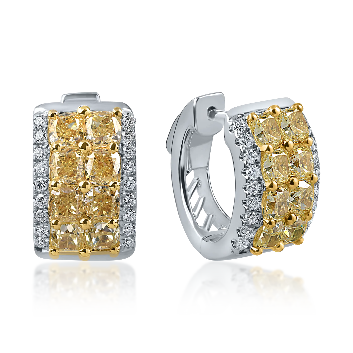 Cercei din aur alb cu diamante galbene cushion si incolore round de 3.5ct