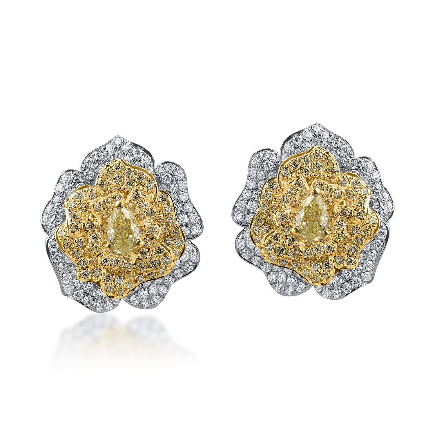Cercei floare din aur alb-galben cu diamante galbene si incolore de 2.6ct - 1 | YEO