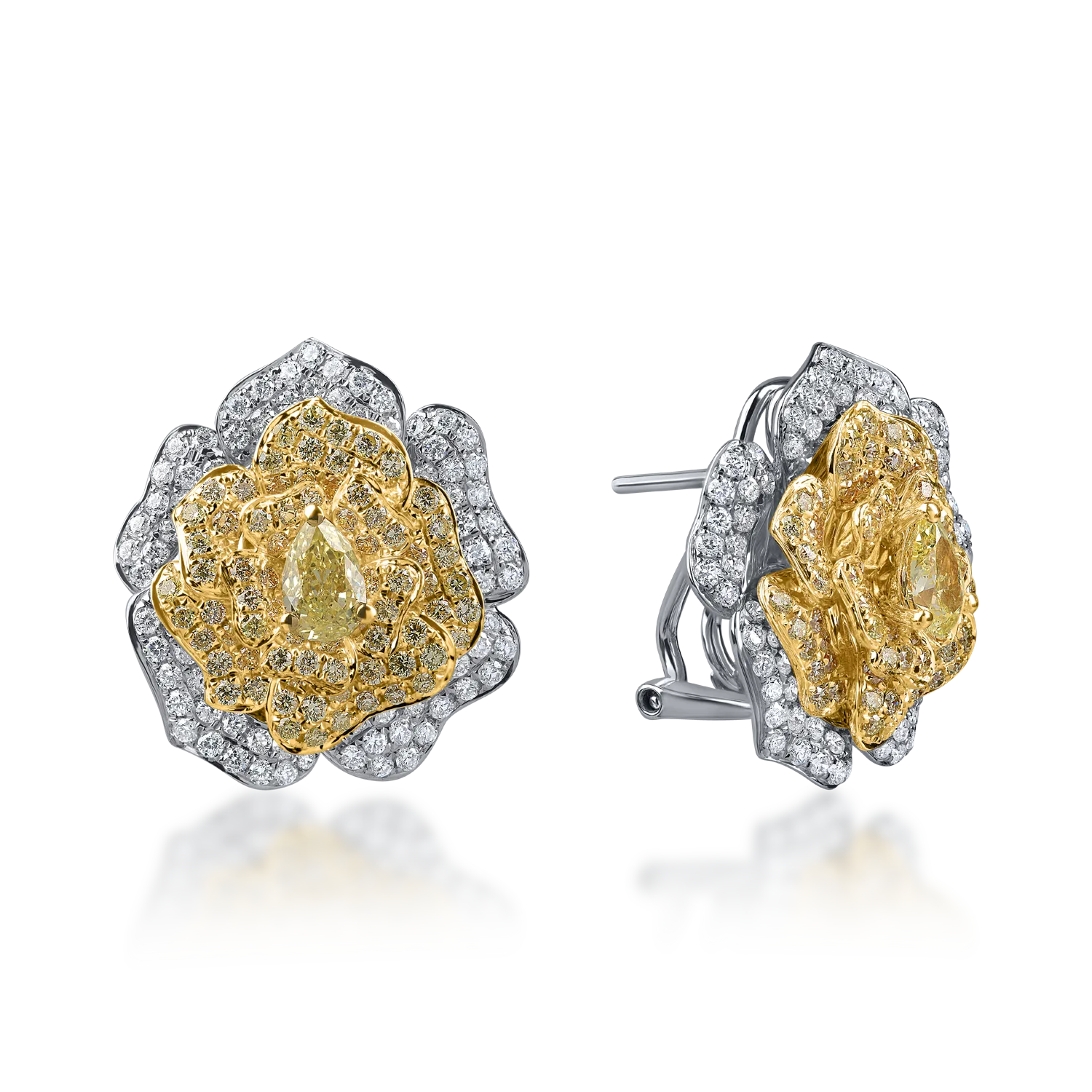 Cercei floare din aur alb-galben cu diamante galbene si incolore round si pear de 2.6ct