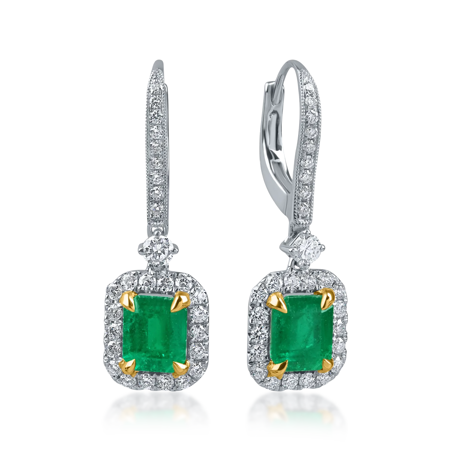 Cercei geometrici din aur alb-galben cu smaralde emerald si diamante round de 2.3ct