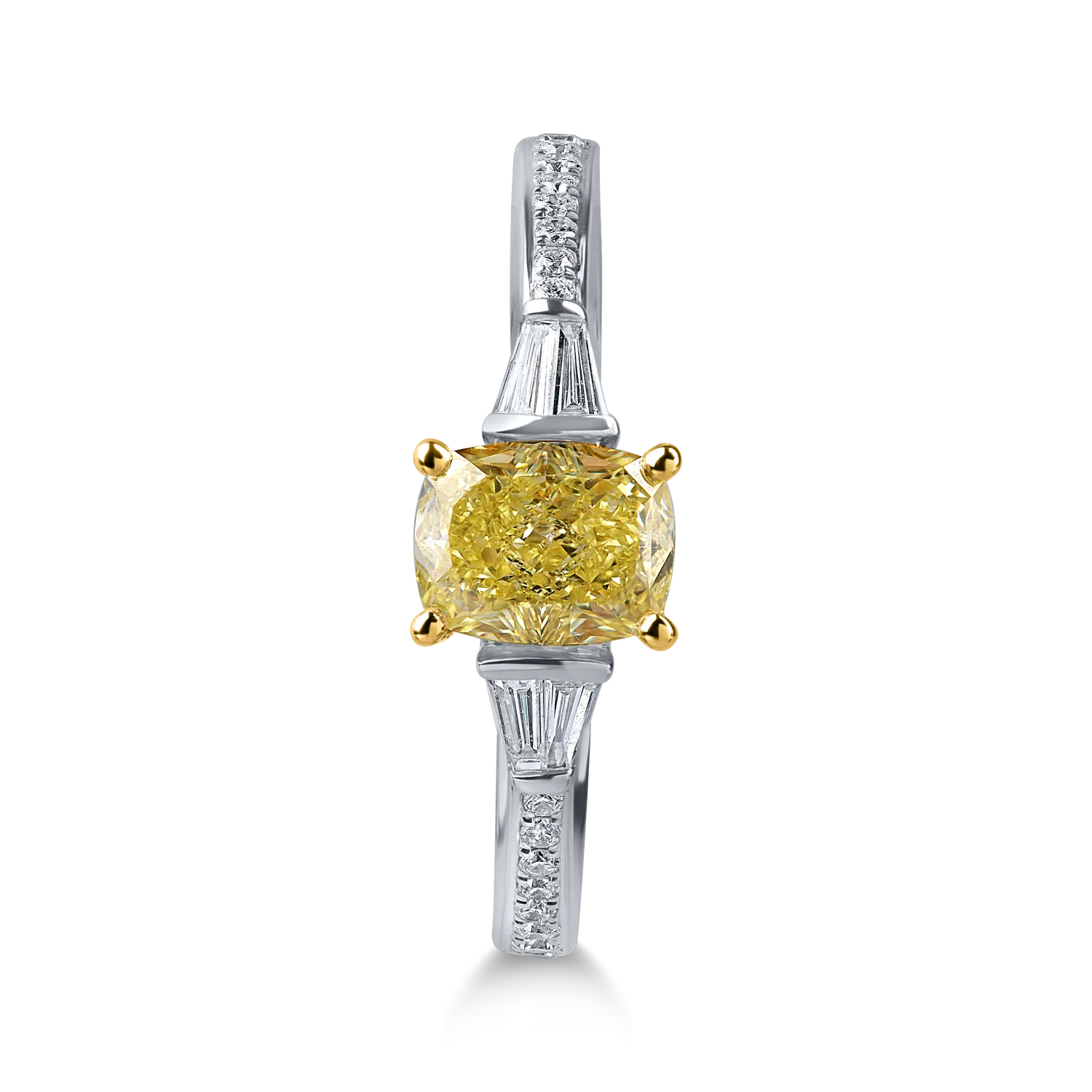 Inel clasic din aur alb-galben cu un diamant fancy glaben cushion de 1ct si diamante incolore baguette si rotunde de 0.19ct - imagine 2