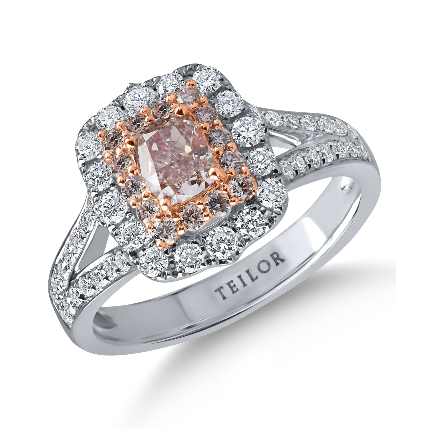 Inel din aur alb-roz cu un diamant fancy roz cushion de 0.5ct si diamante roz si incolore de 0.75ct