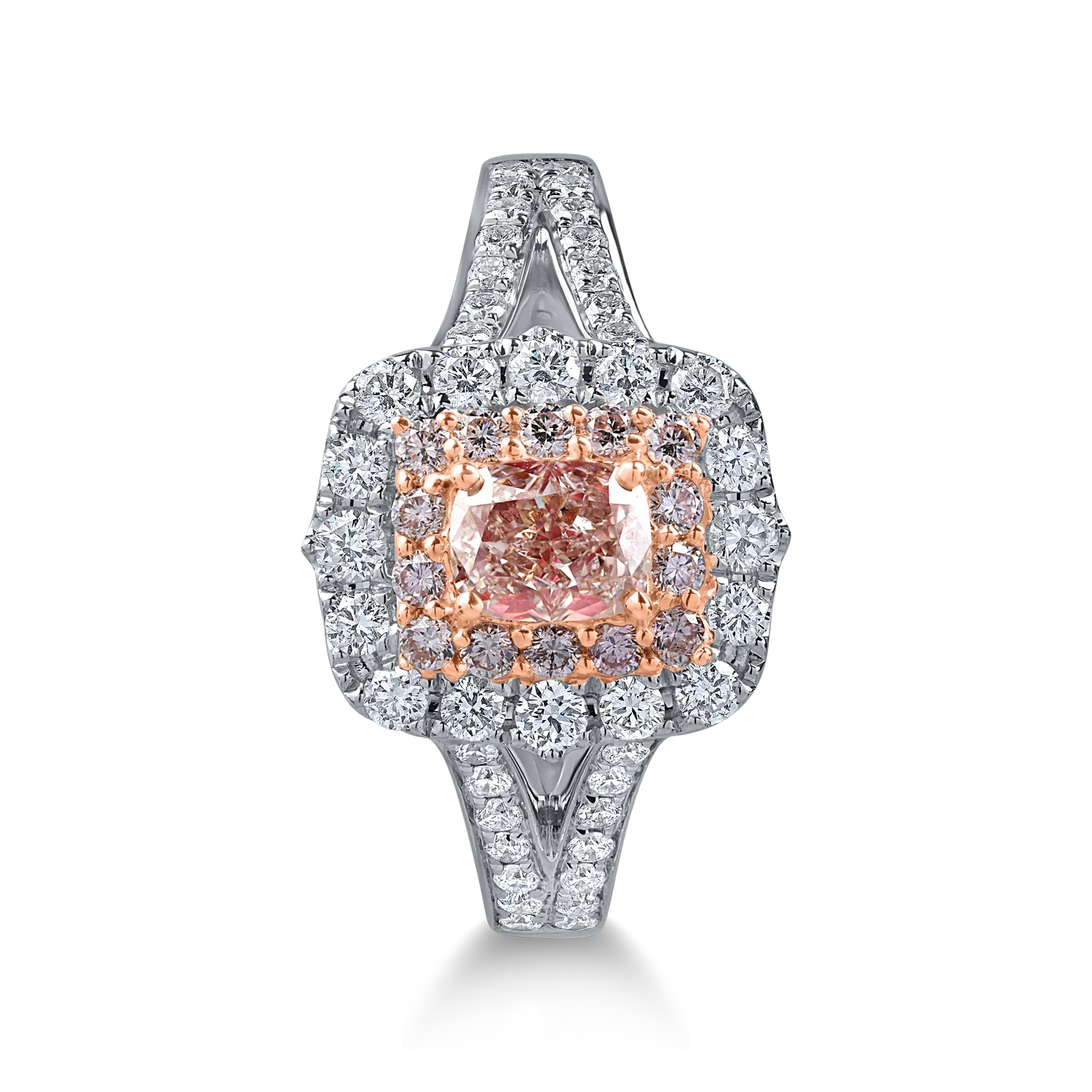 White-rose gold ring with a 0.5ct fancy pink diamond and 0.75ct pink and clear diamonds
