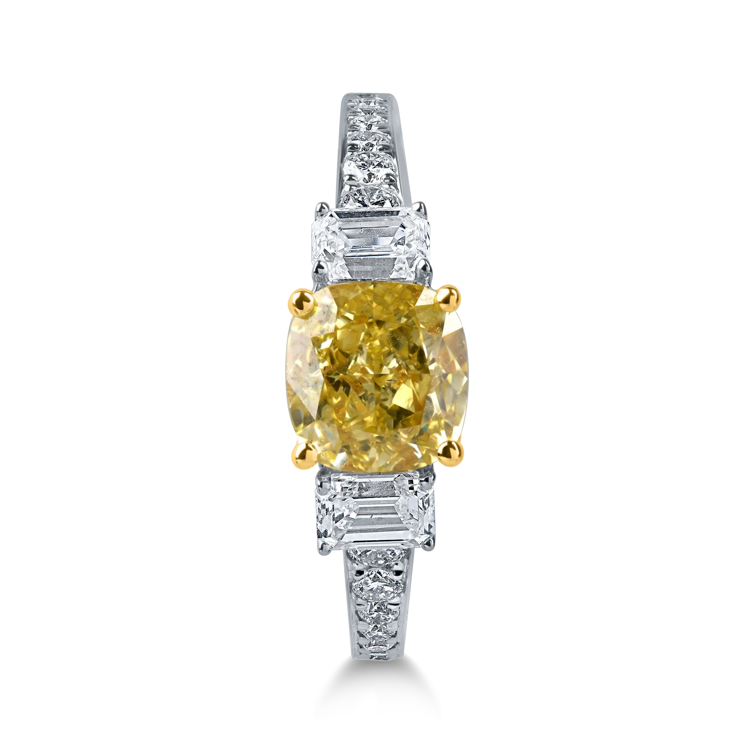 Inel din aur alb-galben cu un diamant fancy galben de 1.5ct si diamante incolore de 0.7ct