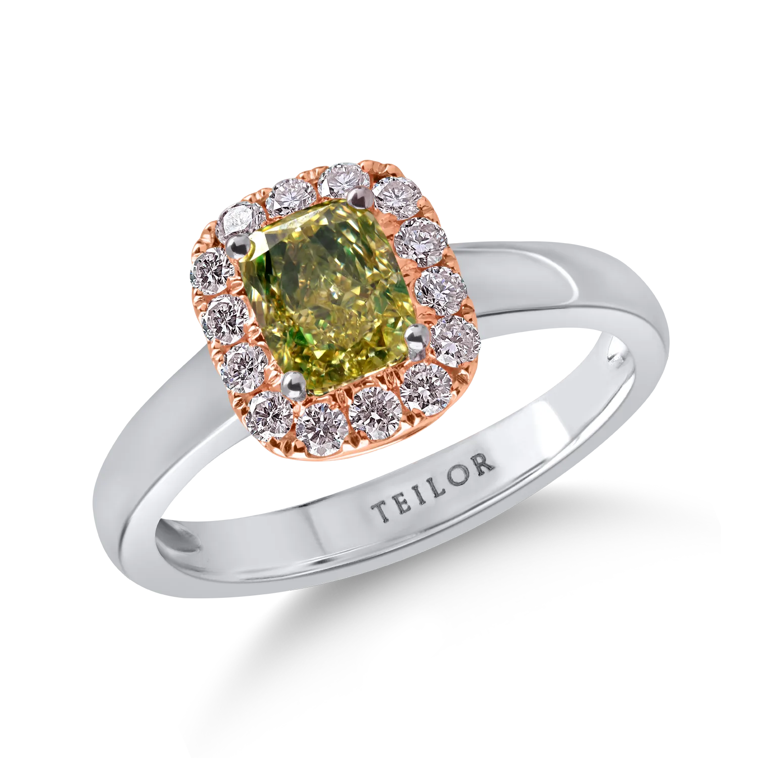 Inel din aur alb-roz cu diamant verde cushion si diamante roz de 1.3ct