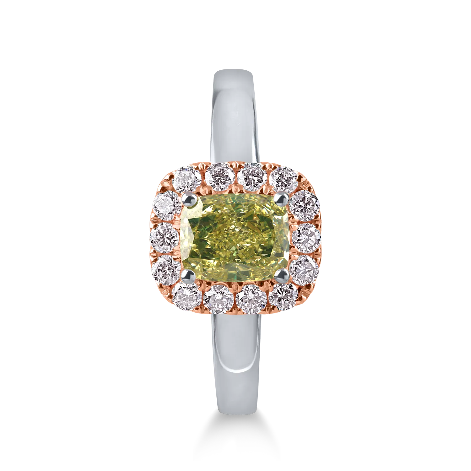 Fehér rózsa arany gyűrű 1.3ct zöld gyémánttal és rózsaszín gyémántokkal