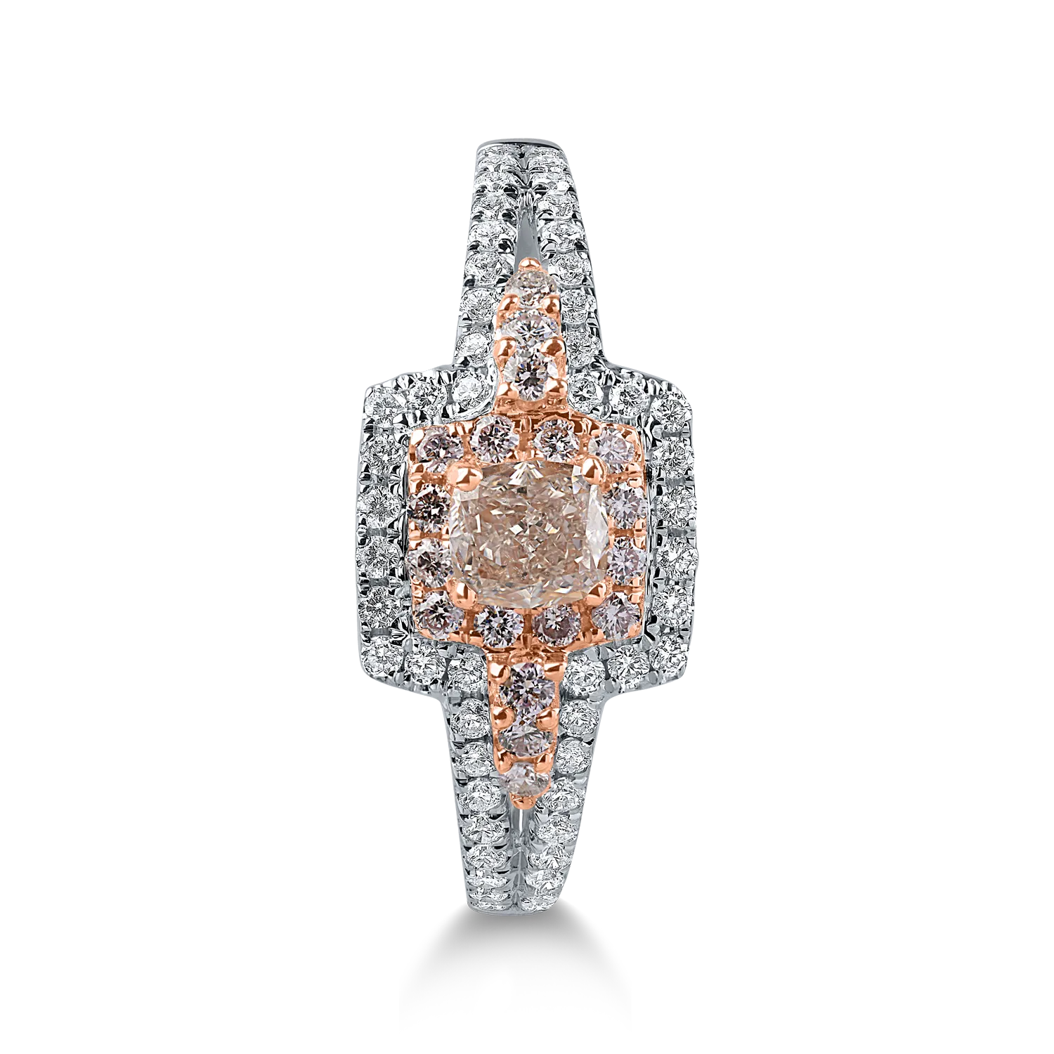 Fehér-rózsa arany gyűrű 0.8 ct rózsaszín és áttetsző gyémánttal