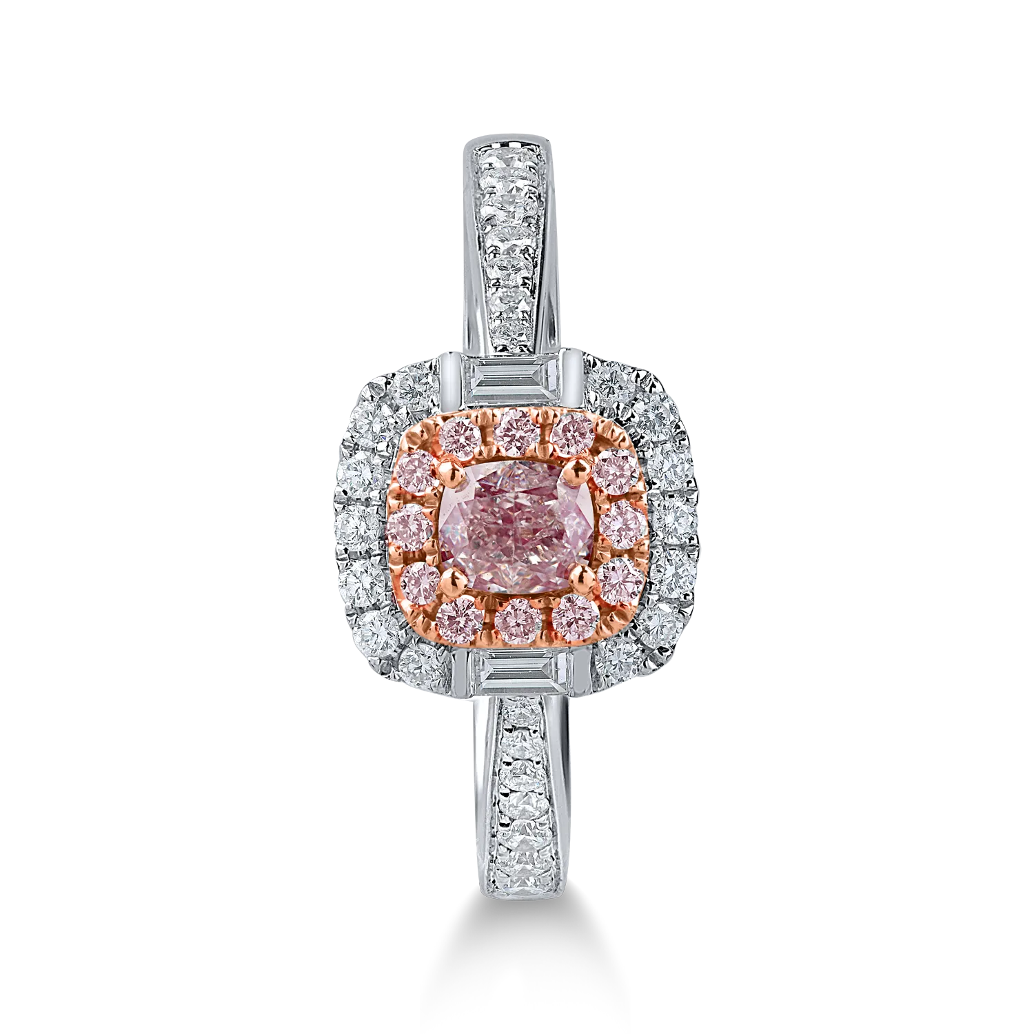White-rose gold classic ring with 1ct pink and clear diamonds