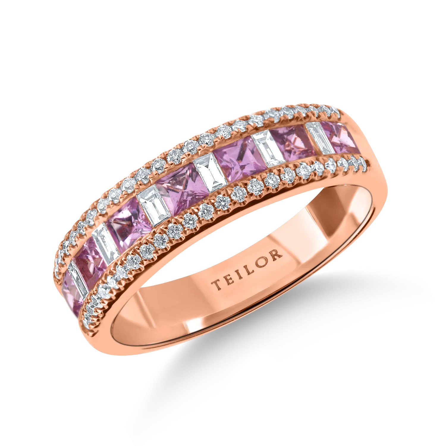 Inel semi-eternity din aur roz cu safire roz si diamante de 0.9ct