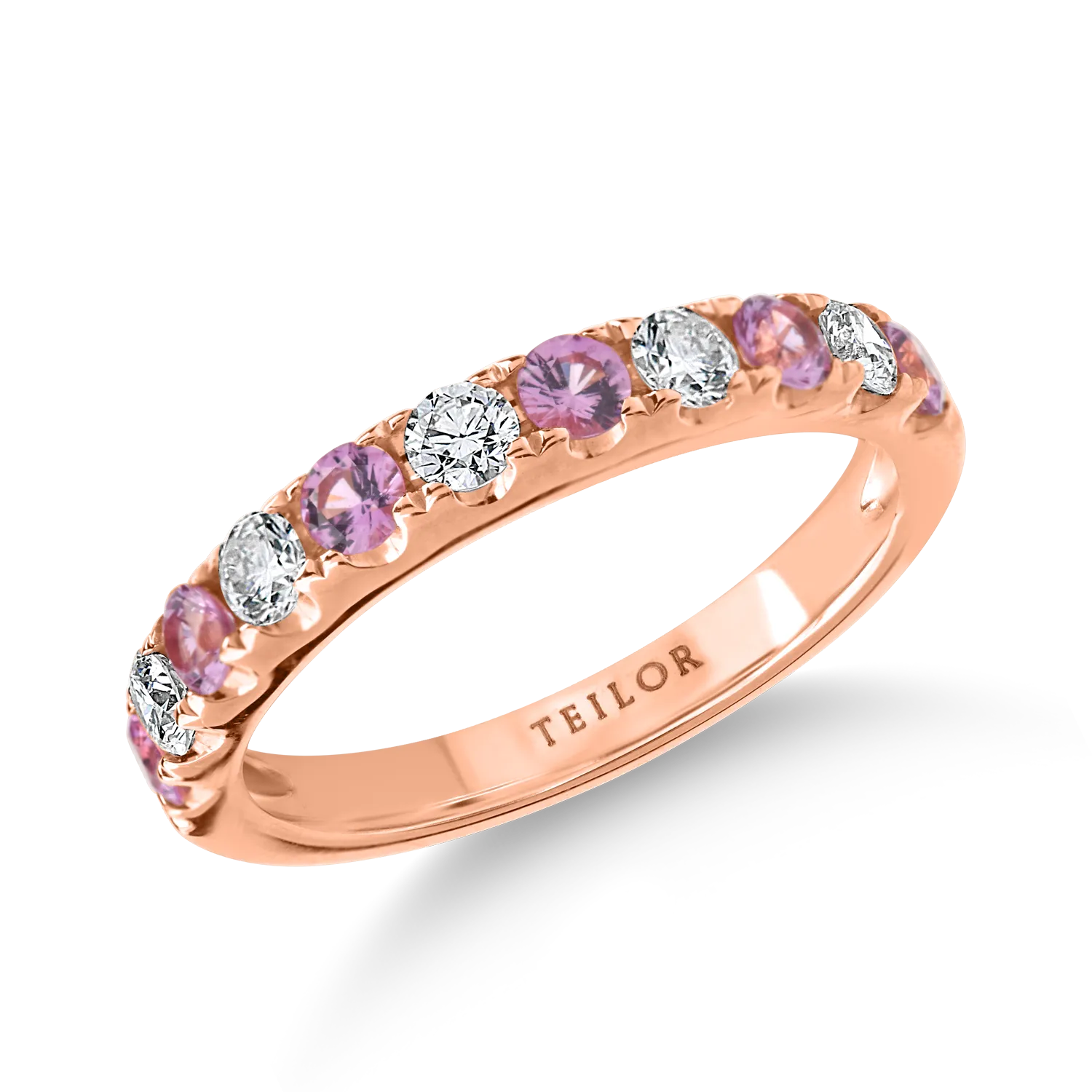 Inel semi-eternity din aur roz cu safire roz de 0.5ct si diamante de 0.37ct