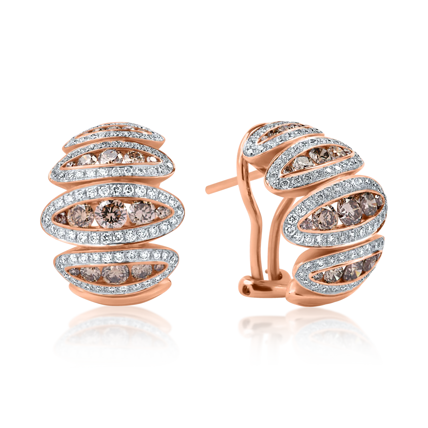 Cercei on ear din aur alb-roz cu diamante maro si incolore de 2.1ct
