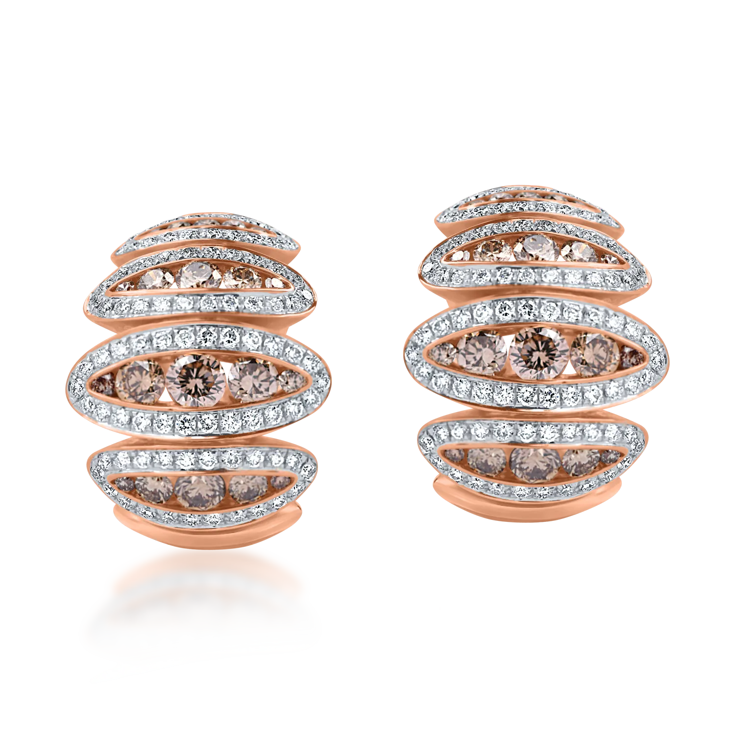 Białe i różowe kolczyki na ucho z brązowymi i przezroczystymi diamentami o masie 2.1ct